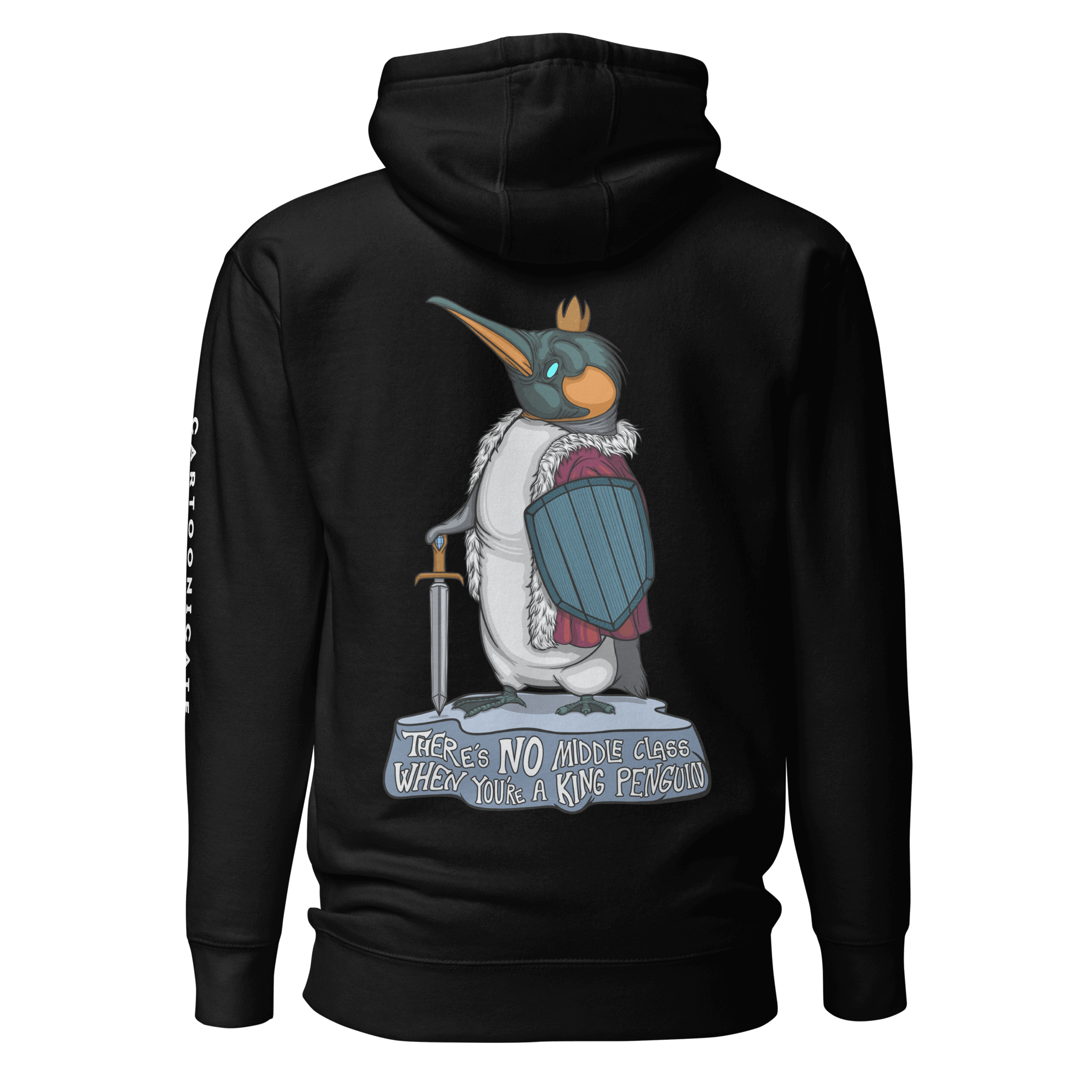 black hoodie with humor king penguin in cartoon style