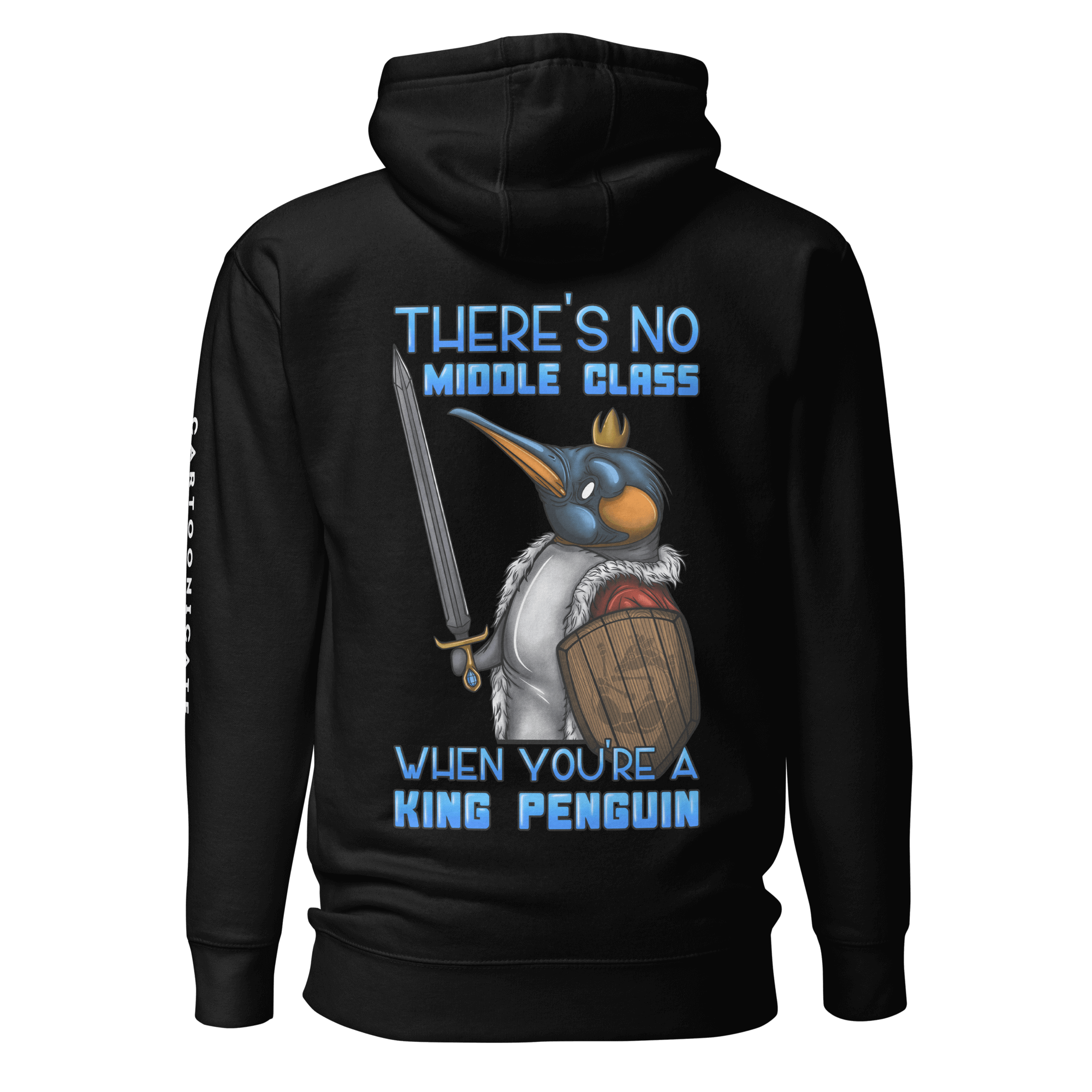 black hoodie with humor king penguin in cartoon style