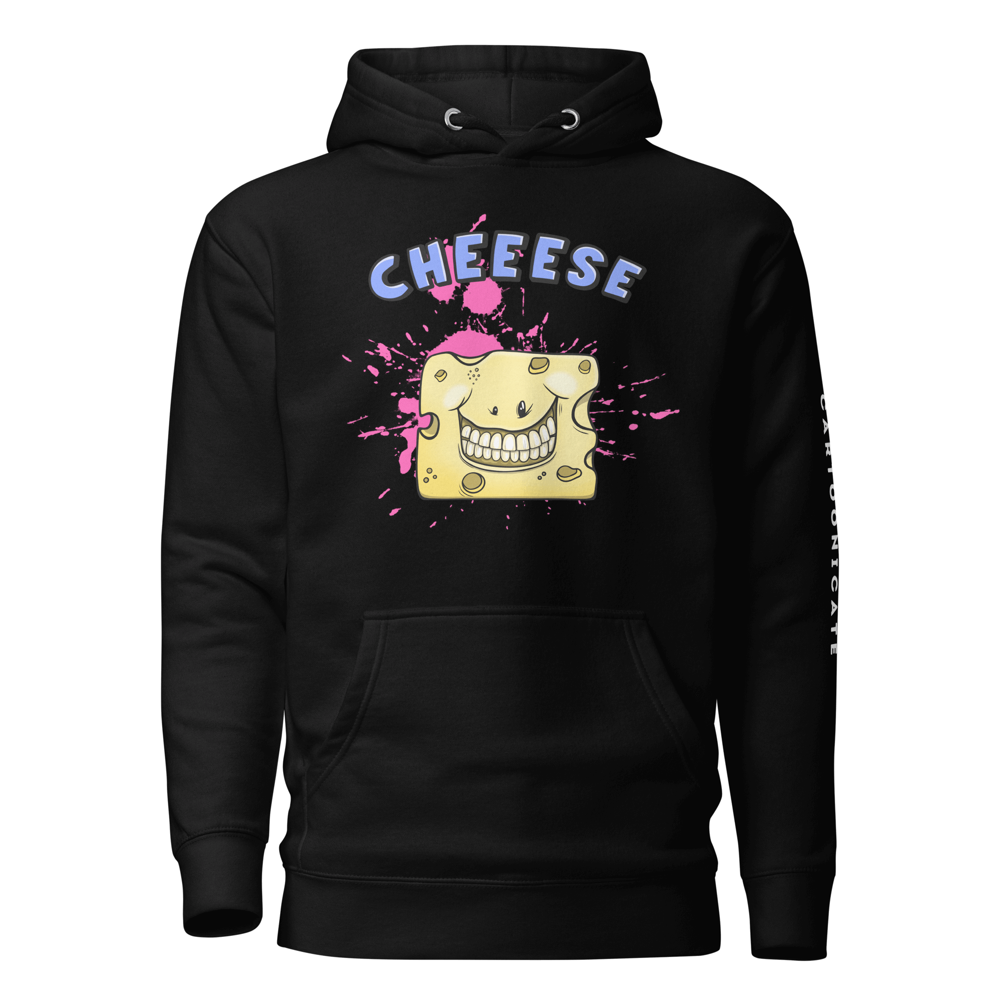 black hoodie with a happy cheese in cartoon style