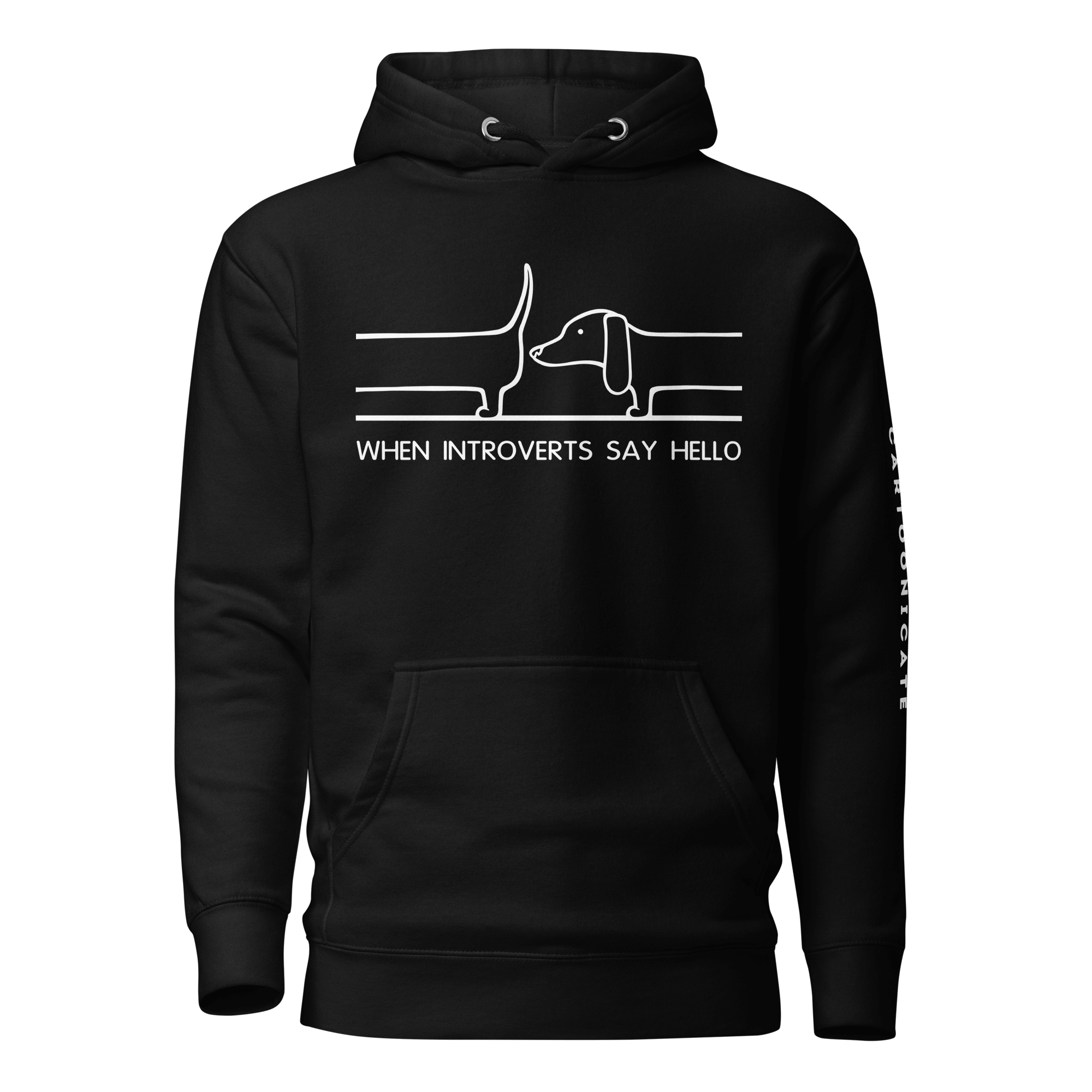 black hoodie with cartoon dachshund saying hello