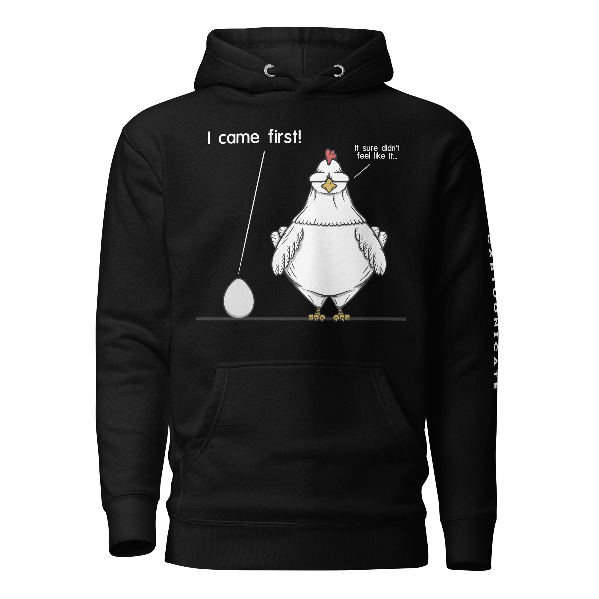 Black hoodie with cartoon chicken and egg