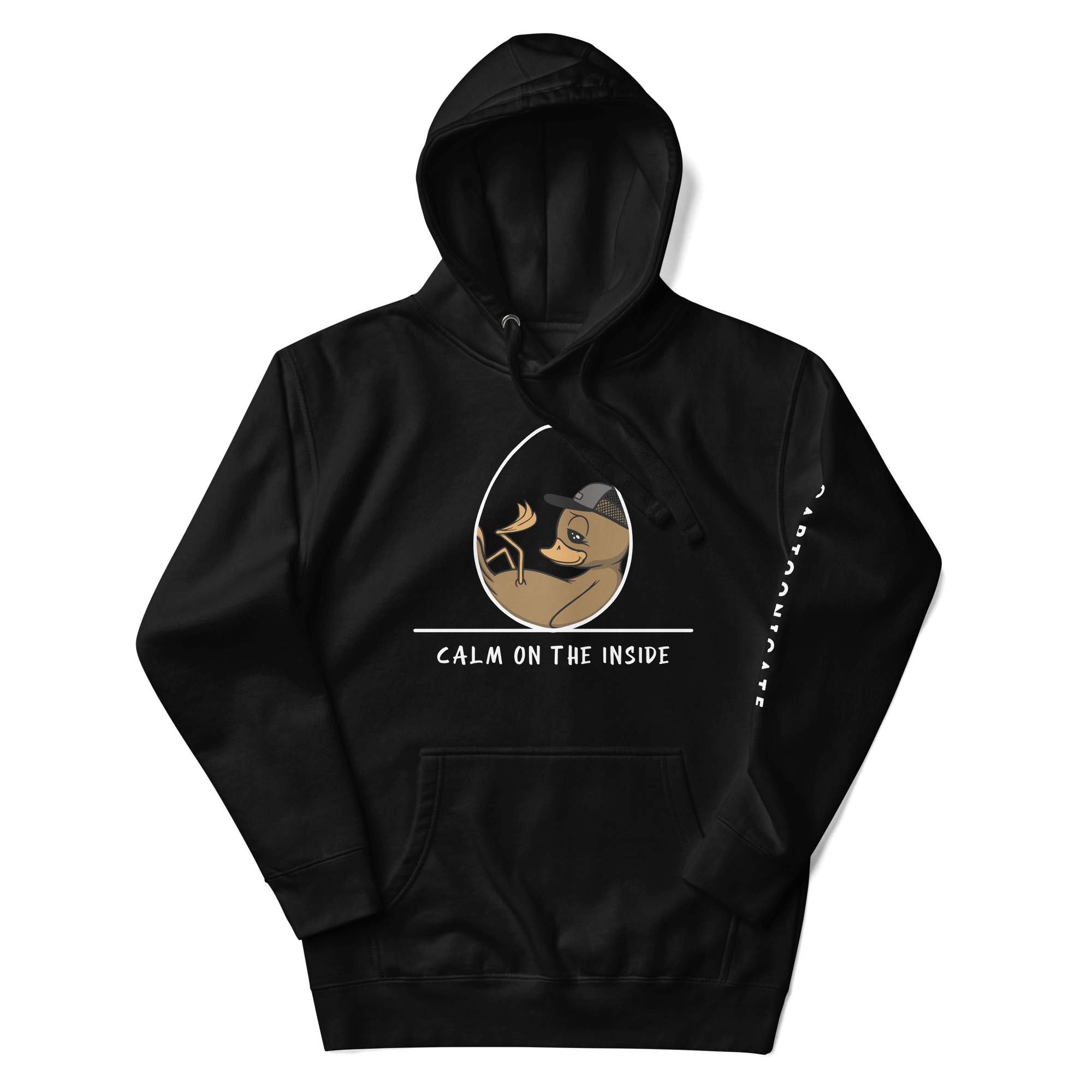 cartoon duck in an egg on black hoodie