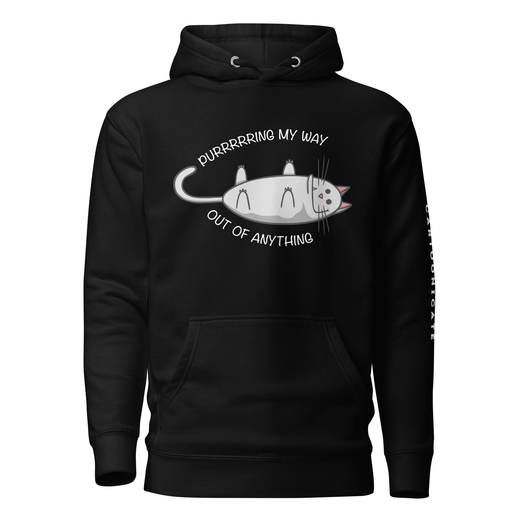 black hoodie with a cute cartoon cat purring