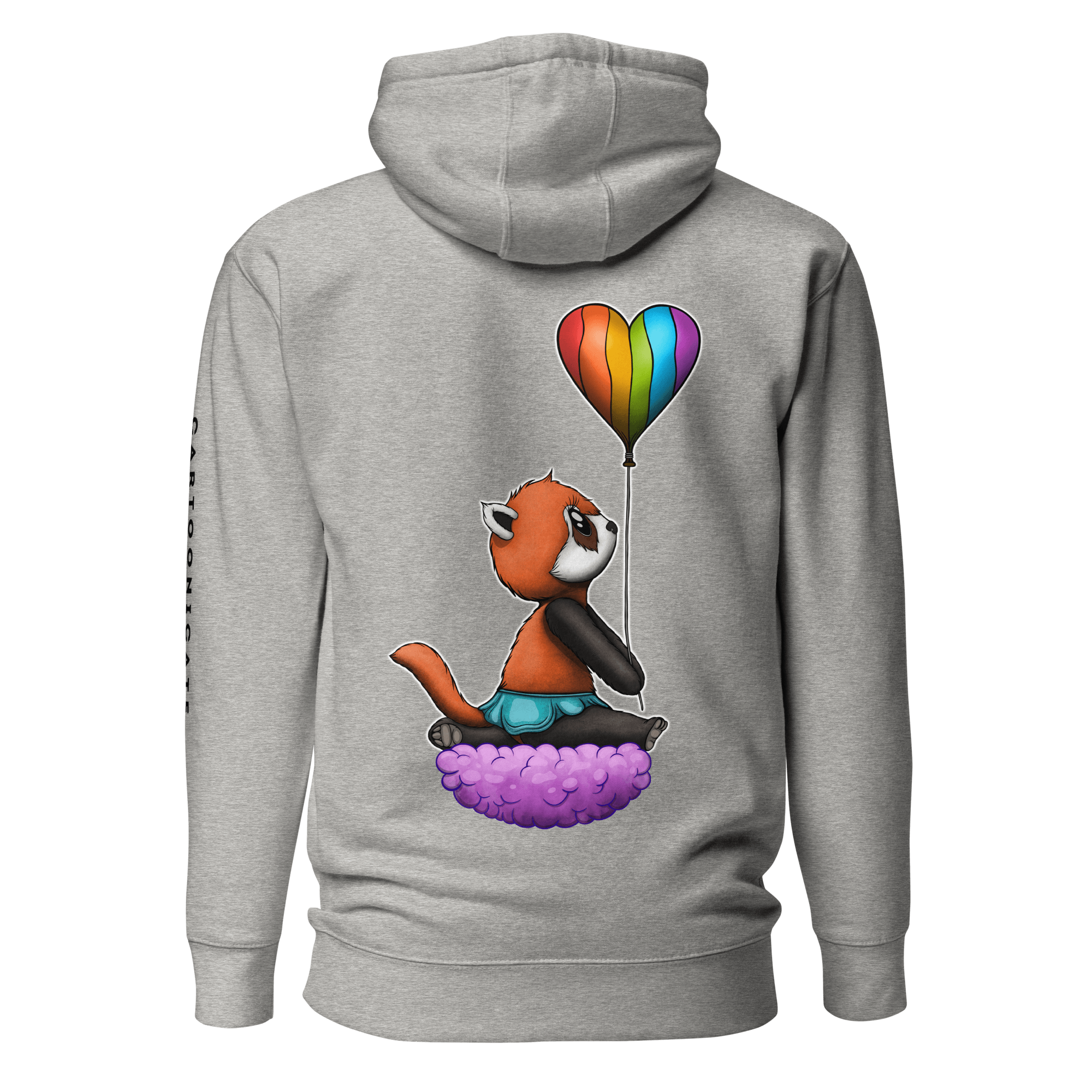 grey hoodie with a red panda holding a heart shaped pride flag