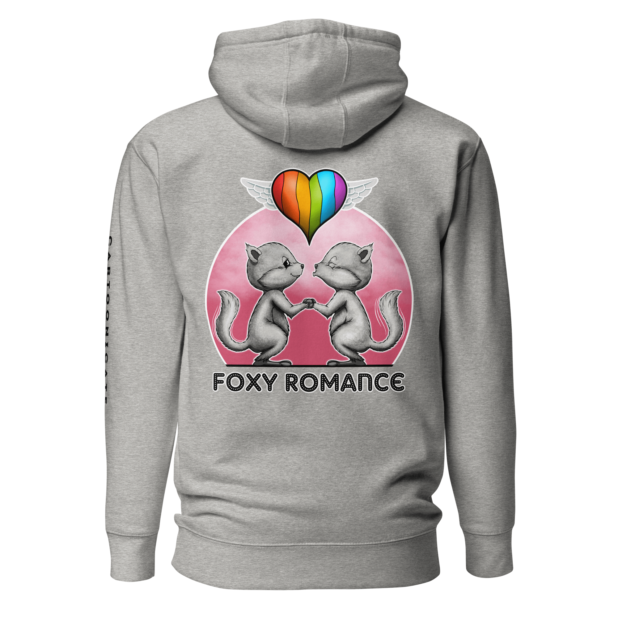 grey hoodie with cute foxes and pride flag balloon