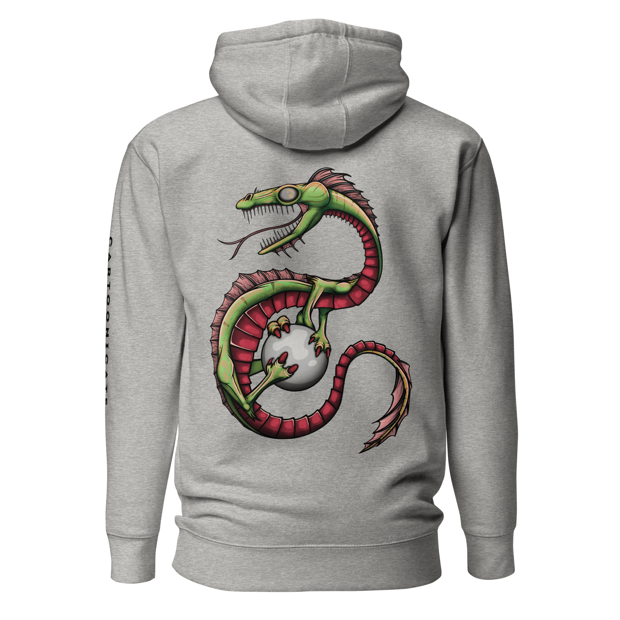 Grey hoodie with cool green cartoon dragon