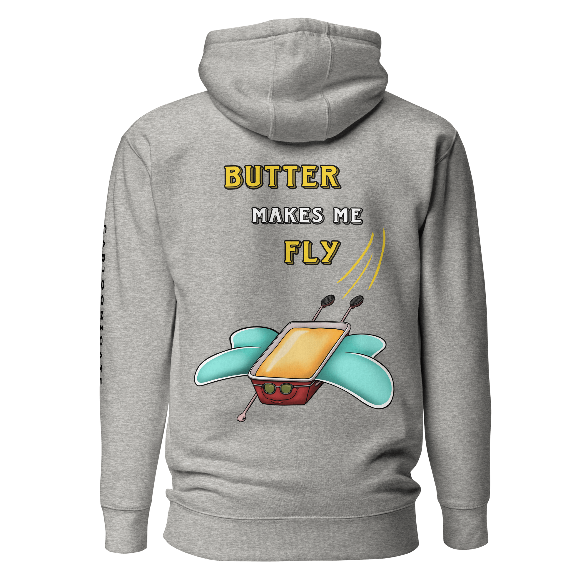 grey hoodie with funny drawing of butter flying with wings in cartoon style