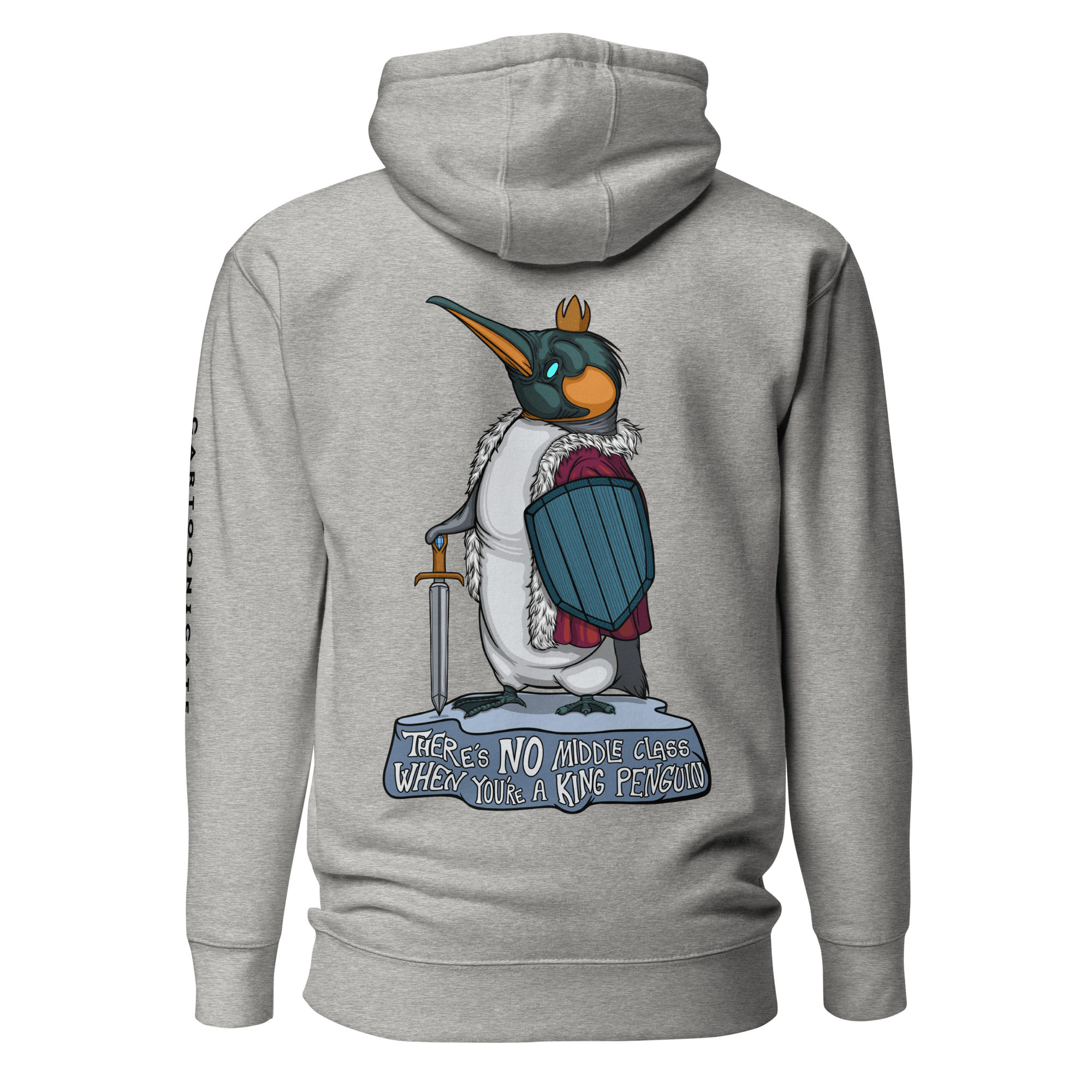 funny king penguin in cartoon style on grey hoodie