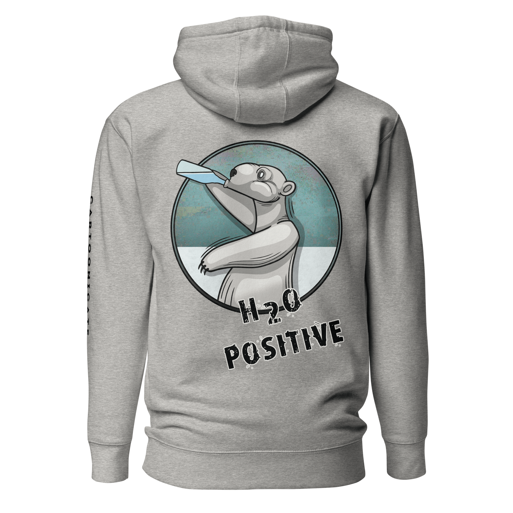 grey hoodie with a cool cartoon polar bear drinking water