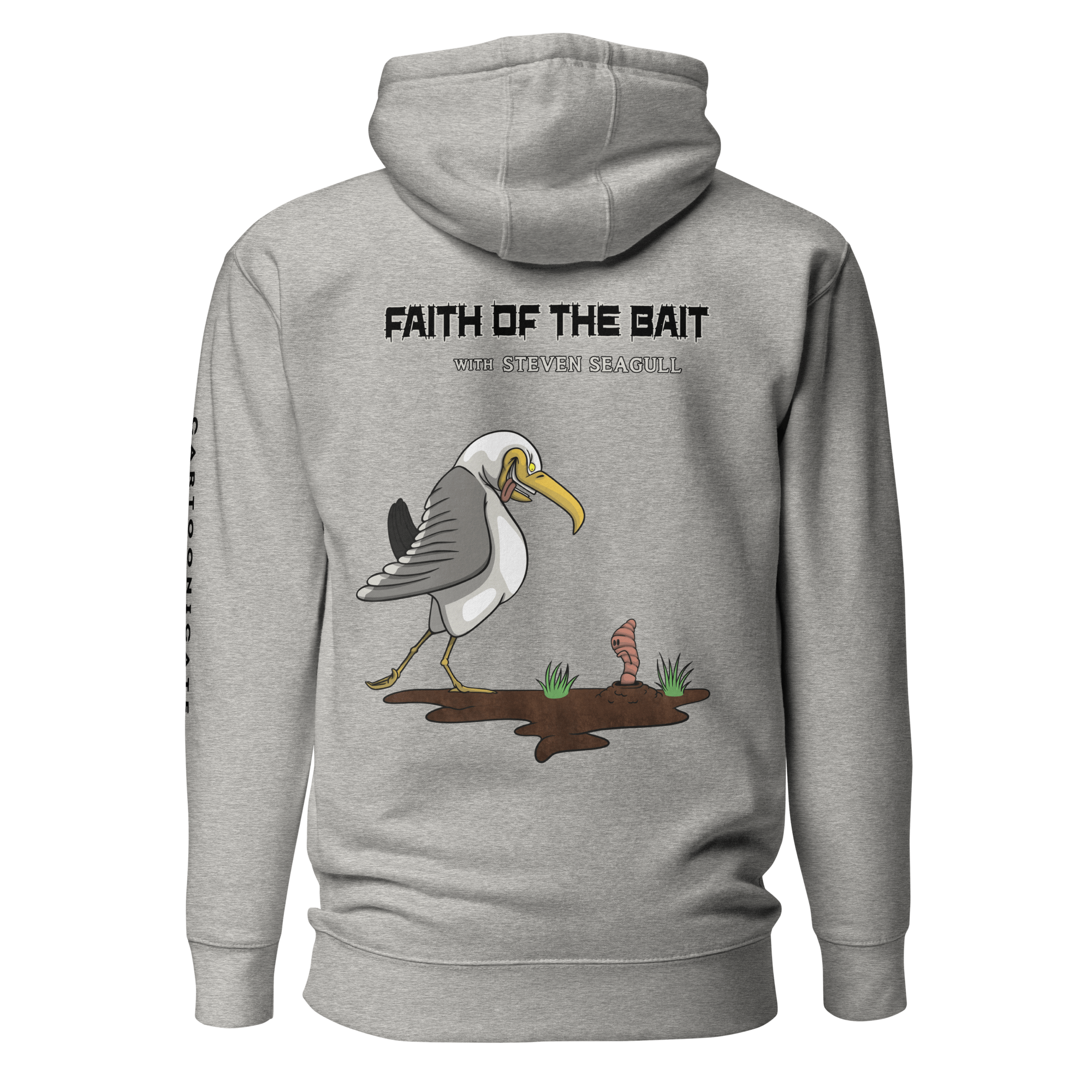 Funny cartoon seagull on grey hoodie