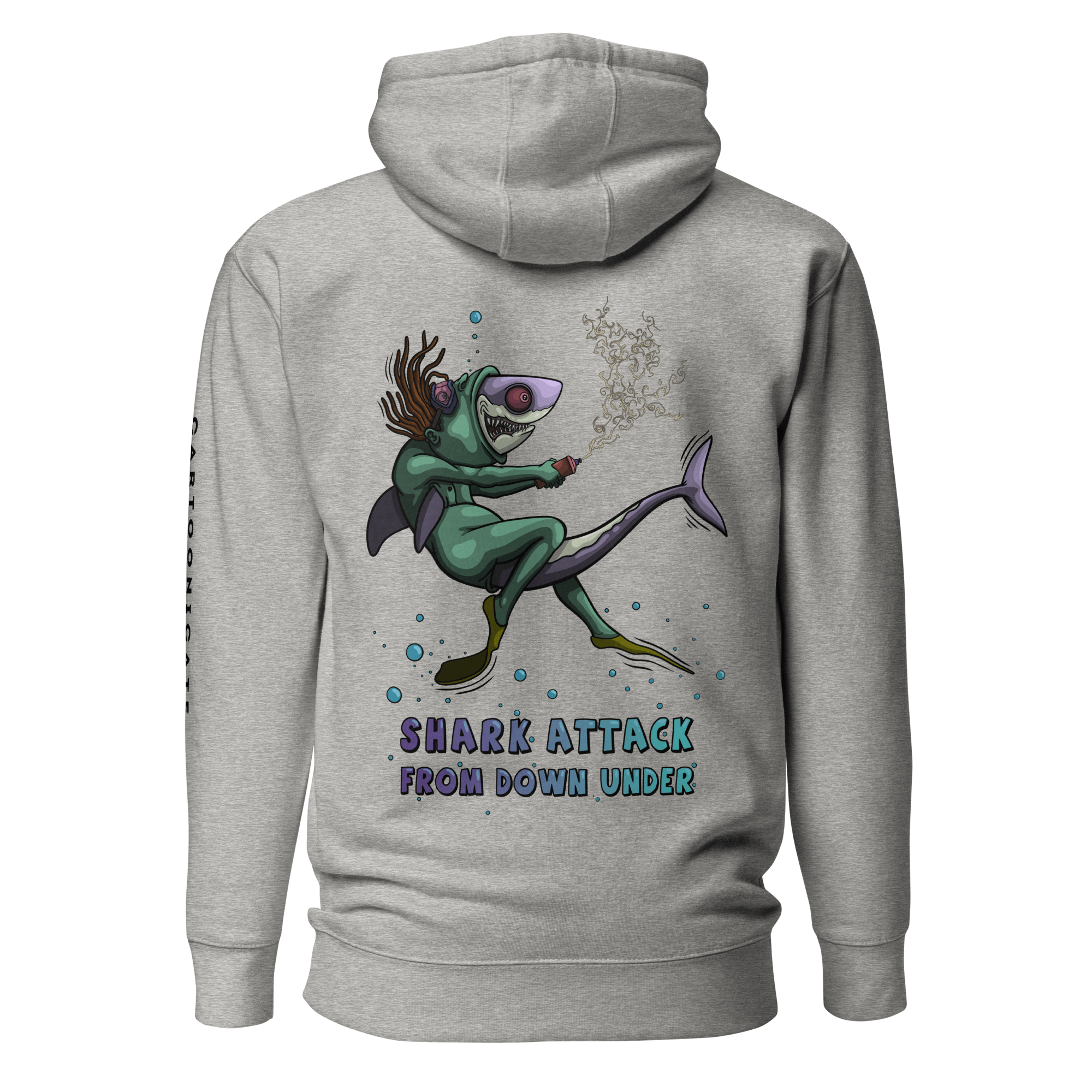 cartoon diver and shark design on grey hoodie