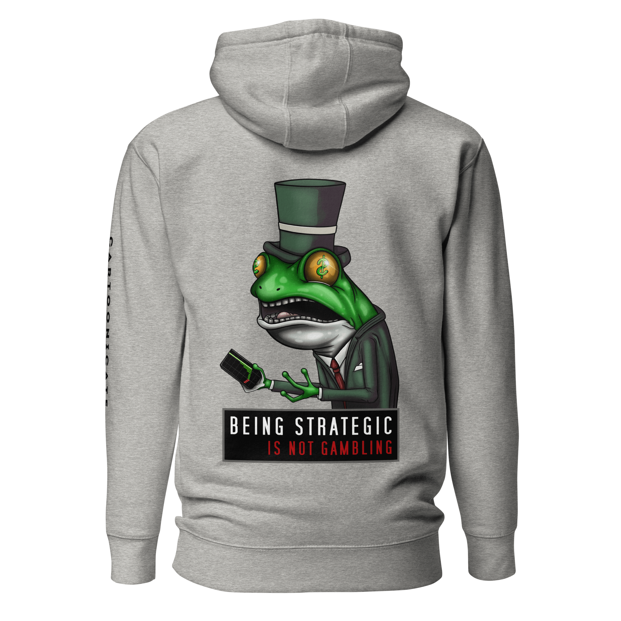 cartoon investor frog drawing on grey hoodie