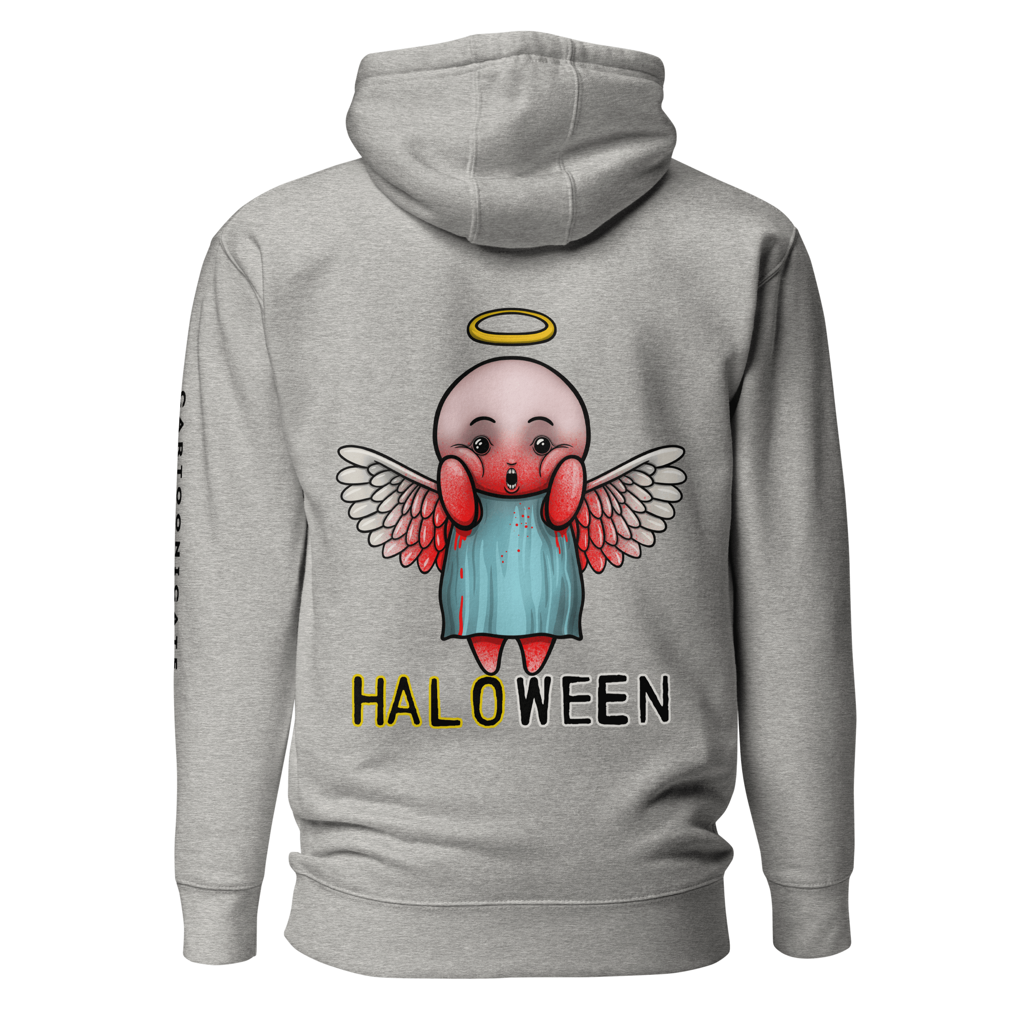 Halloween cartoon angel with halo on grey hoodie