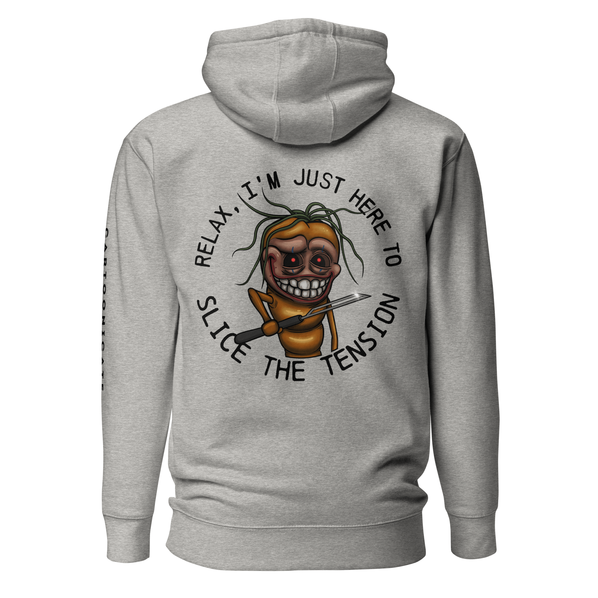 Funny joker carrot cartoon drawing on grey hoodie