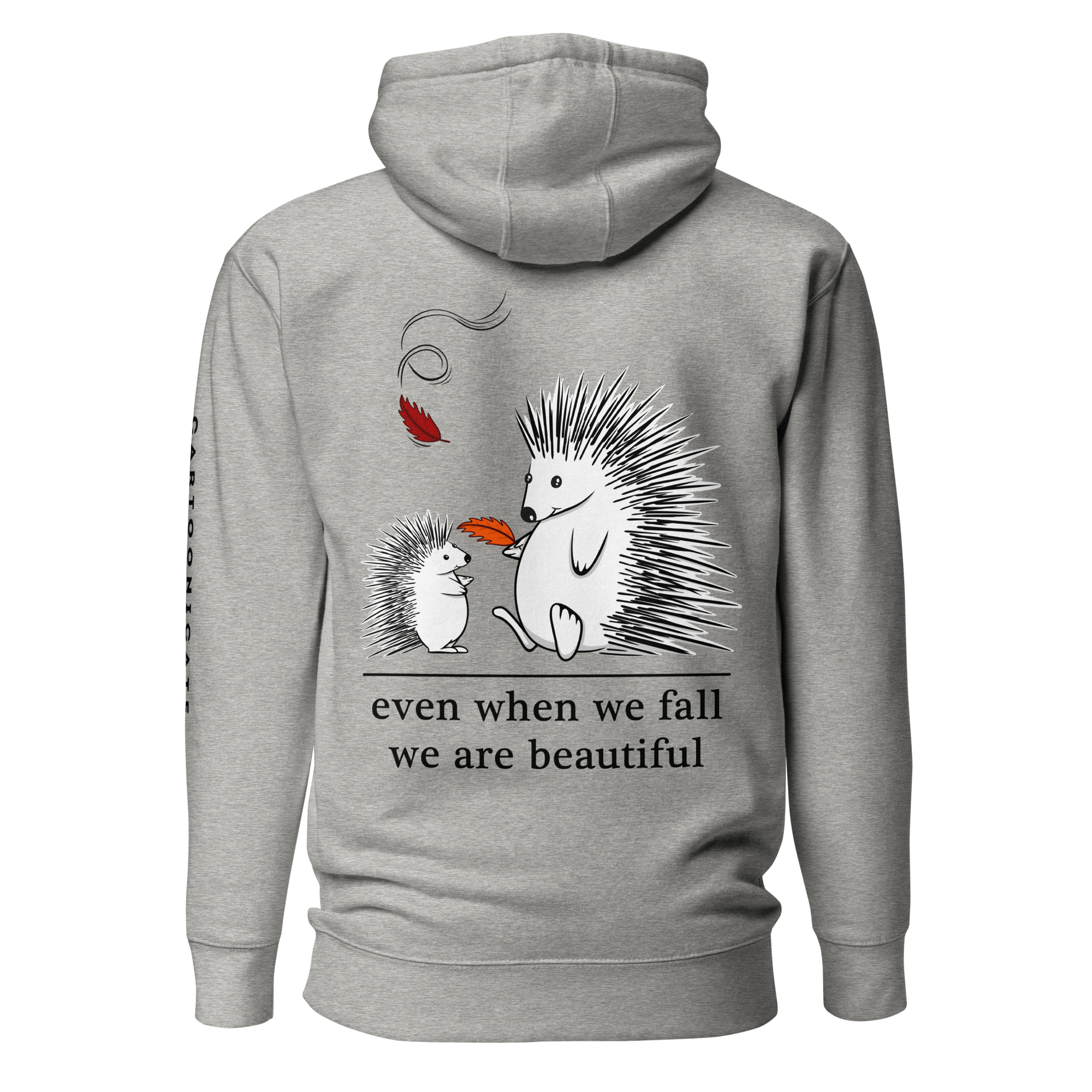 Grey hoodie with hedgehogs playing with leaves in fall 