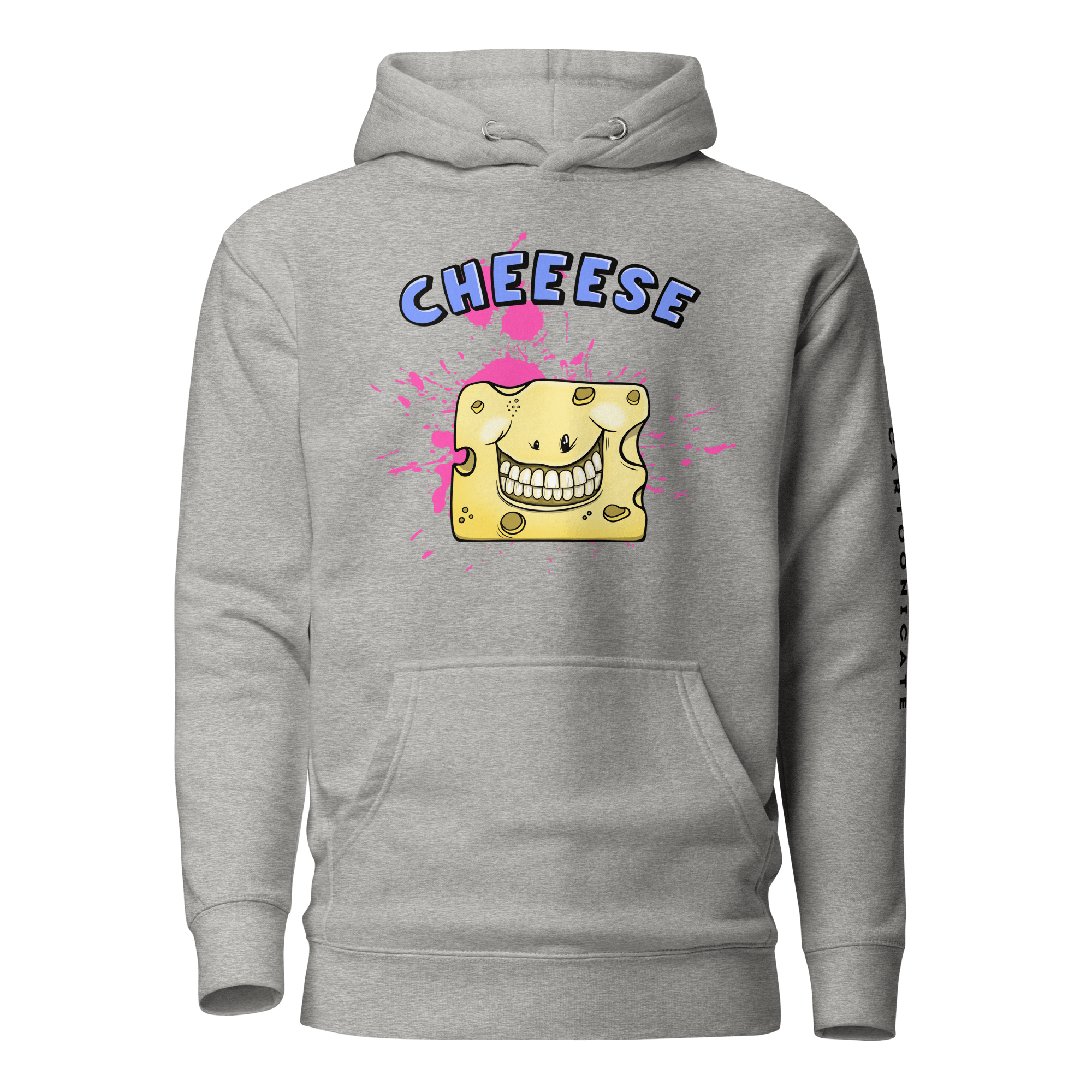 Happy smiling cartoon cheese on grey hoodie