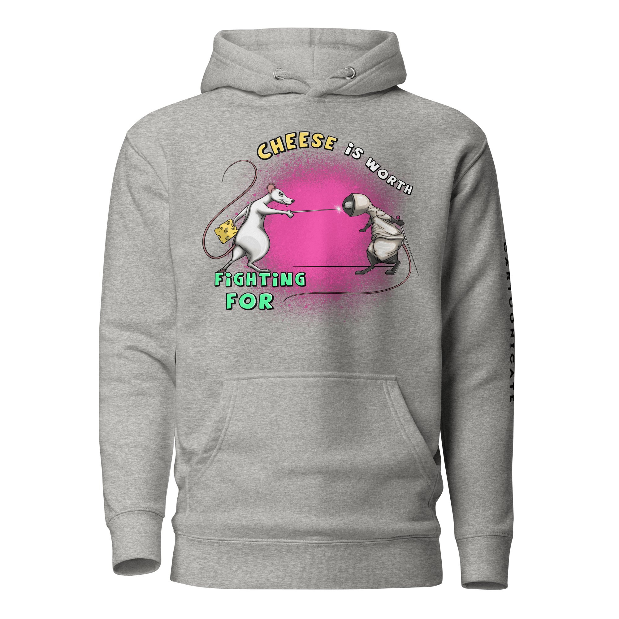 grey hoodie with two rats fighting over cheese with fencing swords