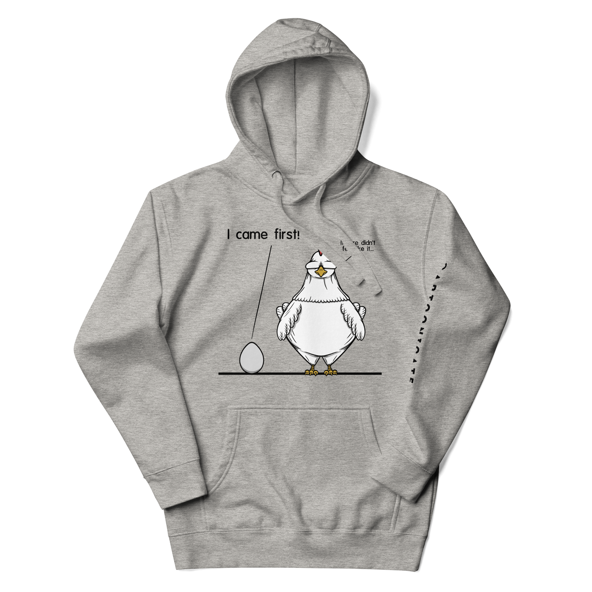 who came first? chicken or egg on grey hoodie