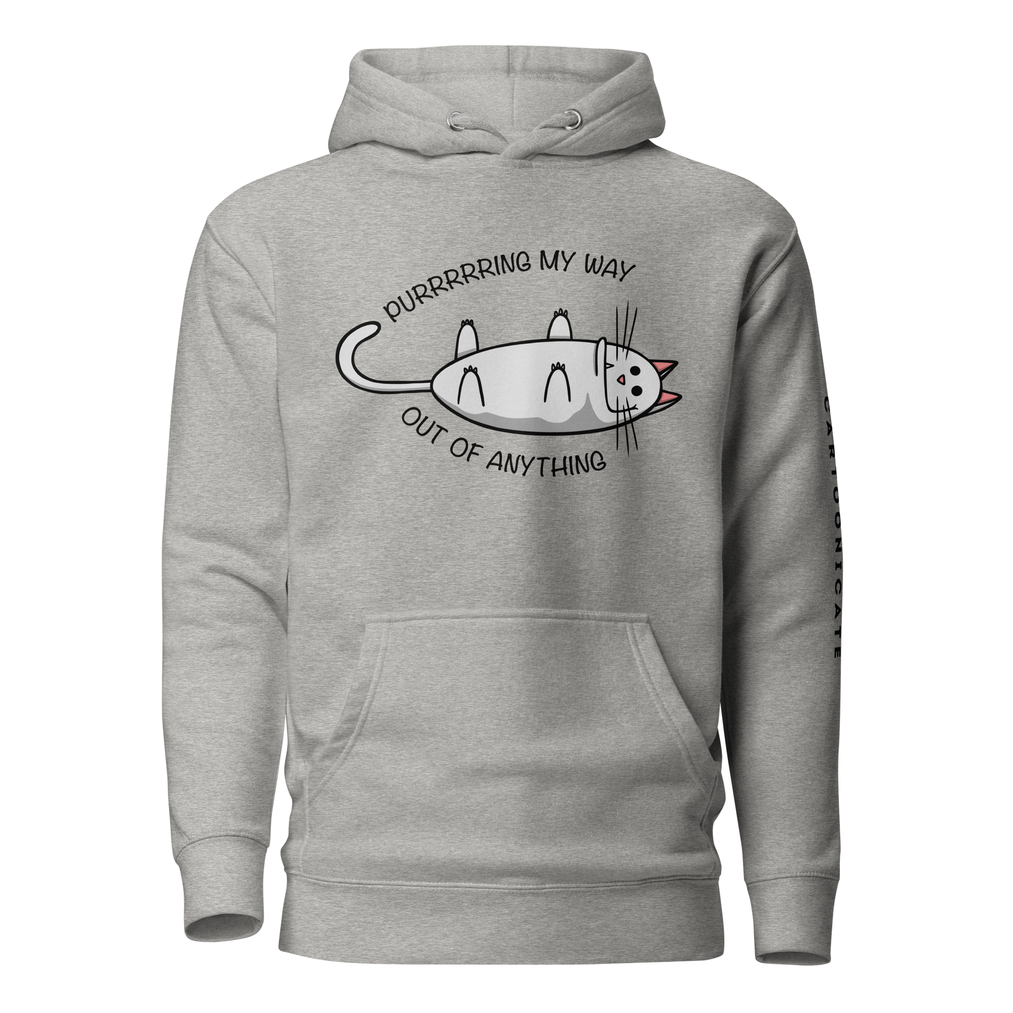 cute purring cat in cartoon style on grey hoodie