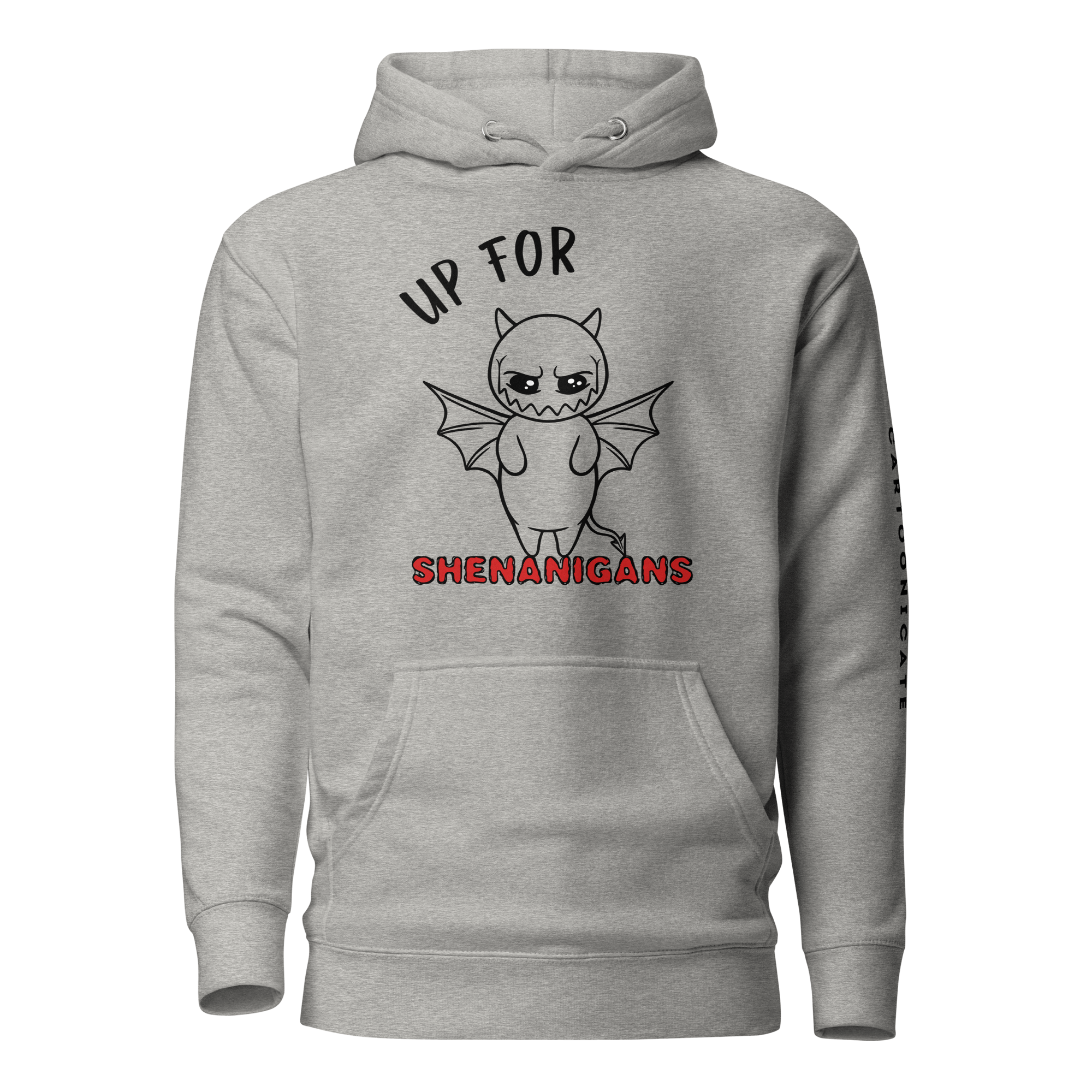 cartoon devil drawing on grey hoodie