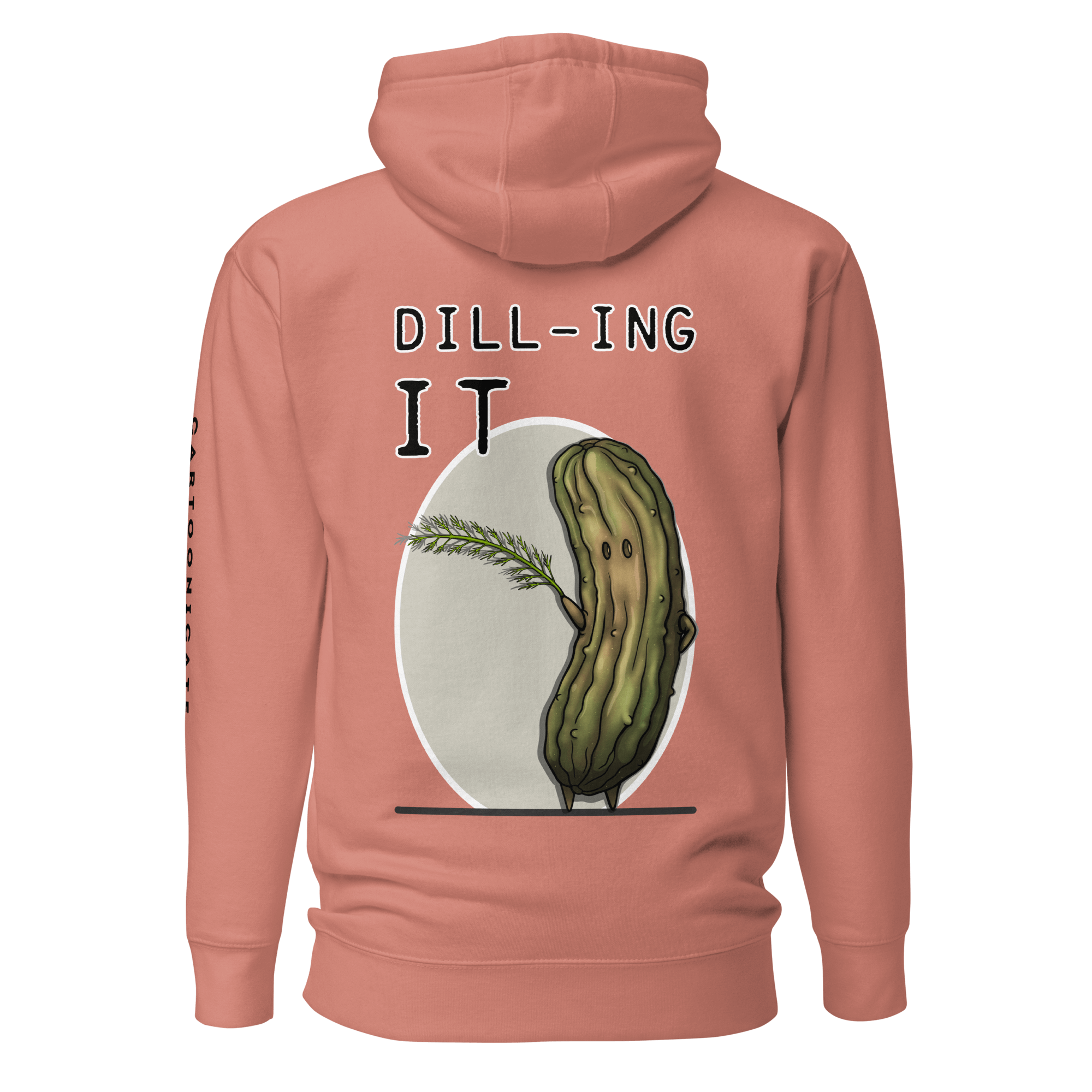 dill and pickle cartoon drawing on pink hoodie