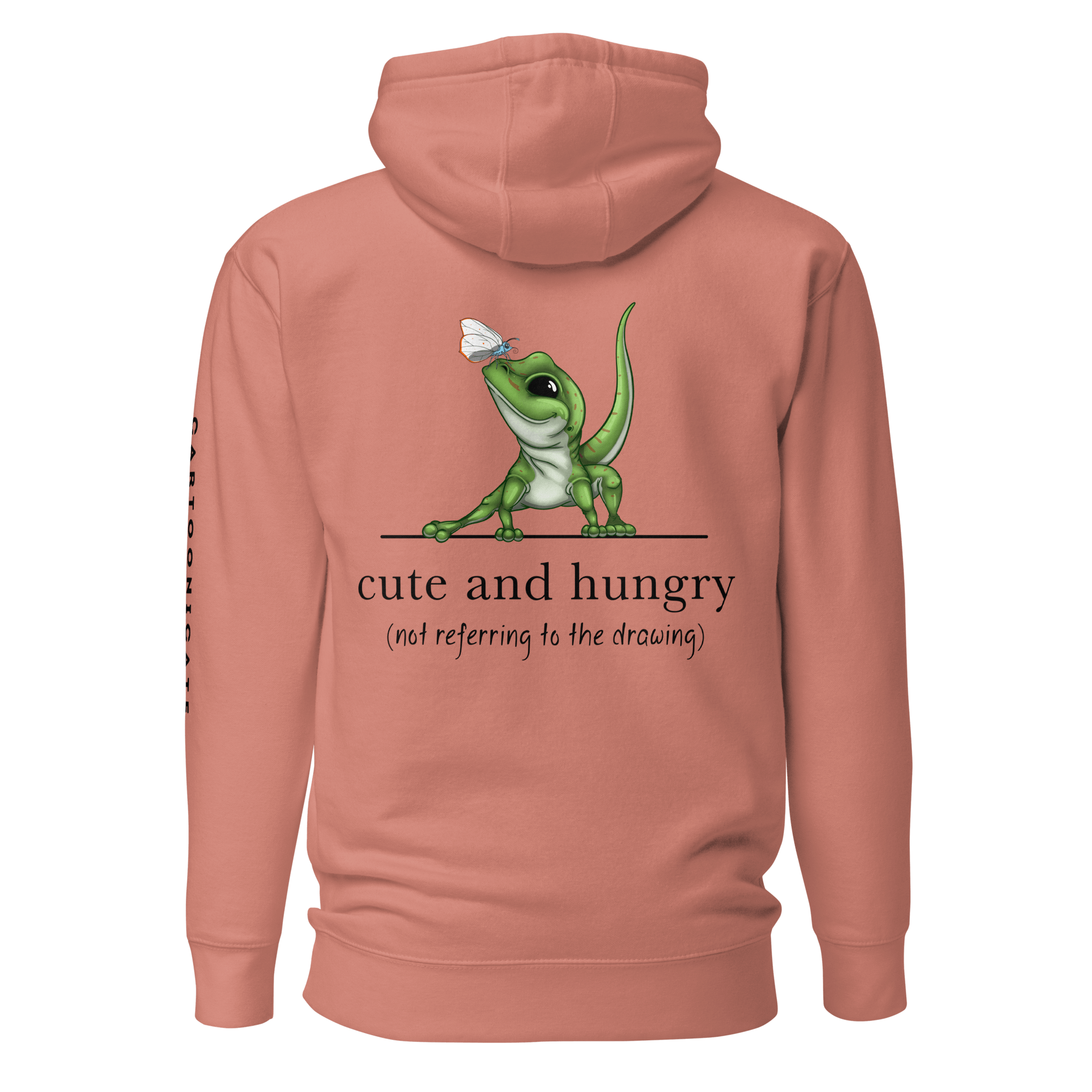 pink hoodie with cartoon butterfly on a lizard