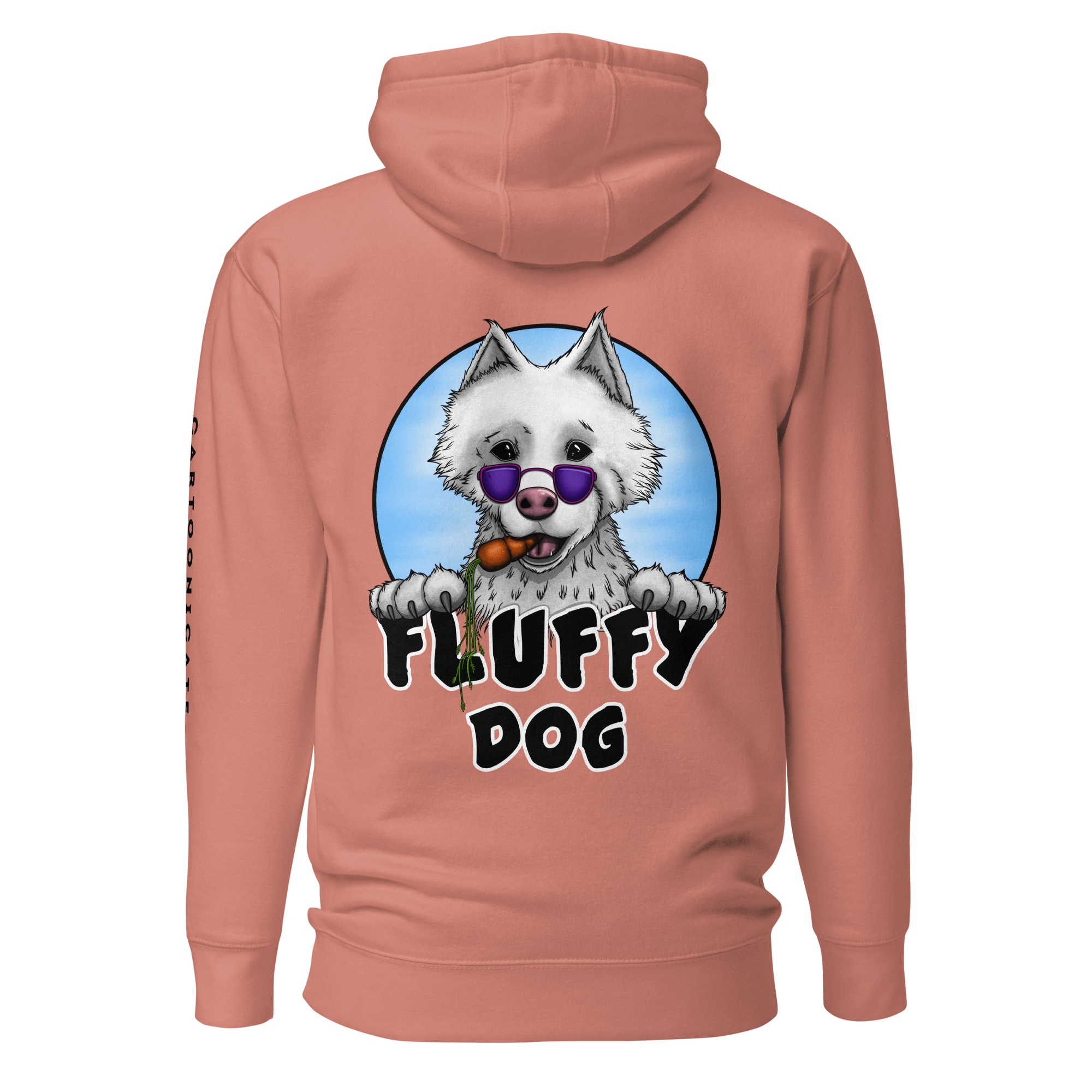 Fluffy dog samoyed on pink hoodie