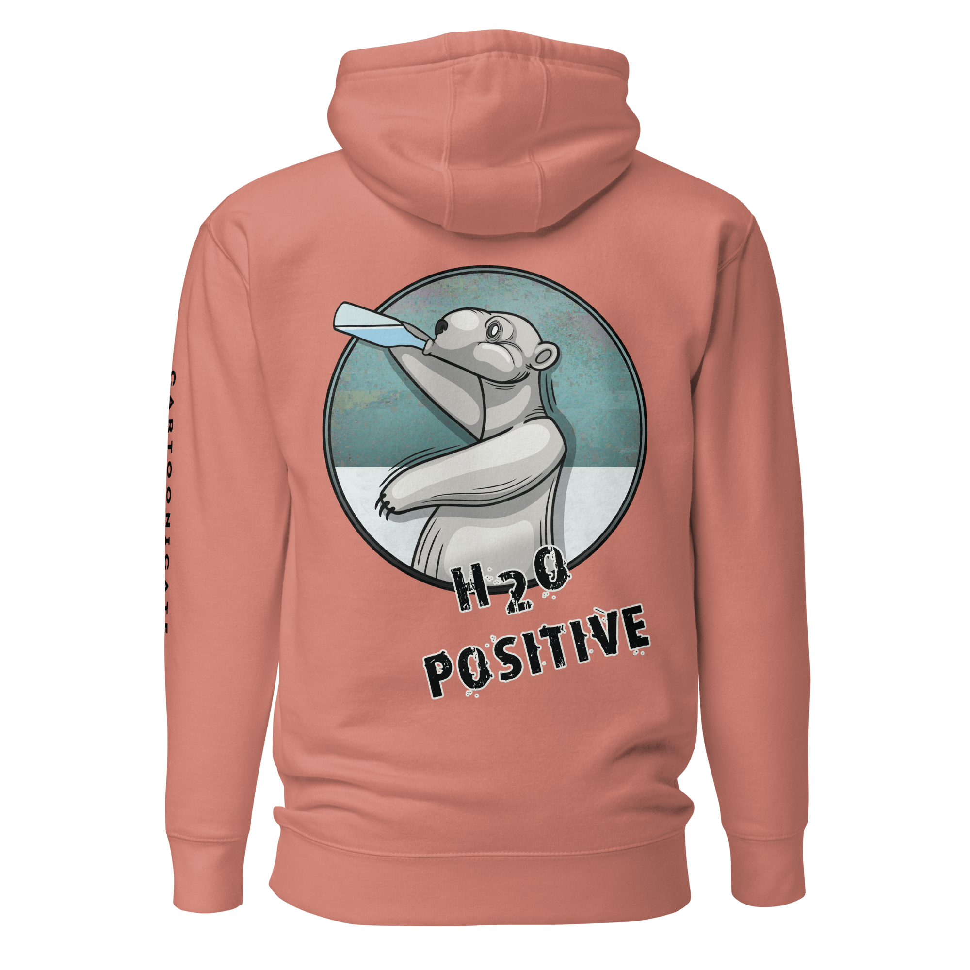 Cartoon polar bear drinking water on pink hoodie