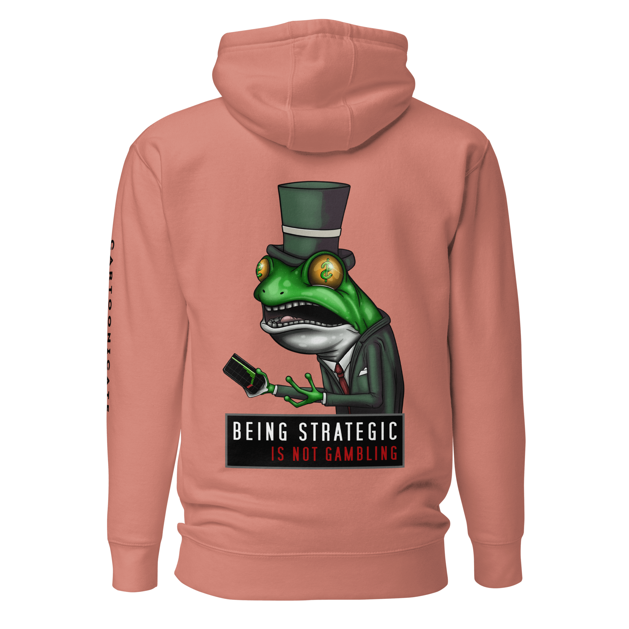 pink hoodie with a green dapper frog and stock market