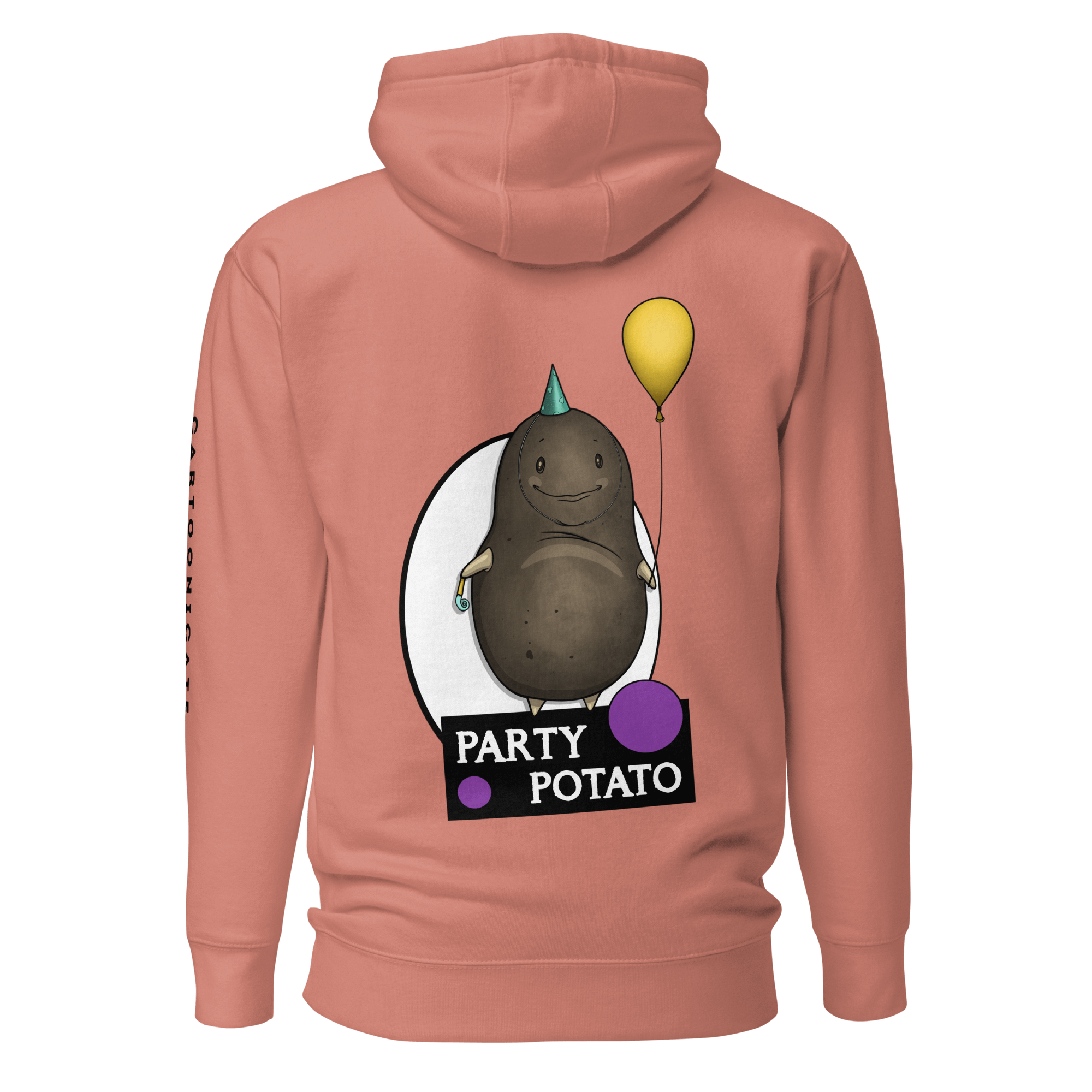 pink hoodie with a cartoon potato and balloons