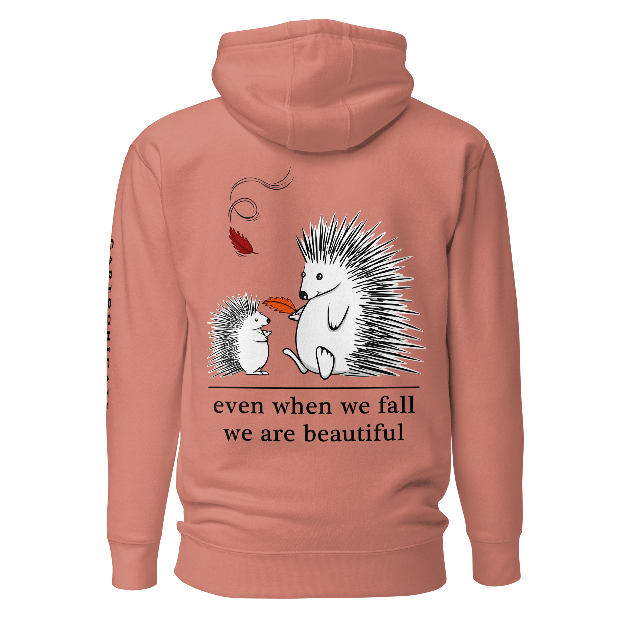 Cartoon drawing of two hedgehogs in autumn on pink hoodie