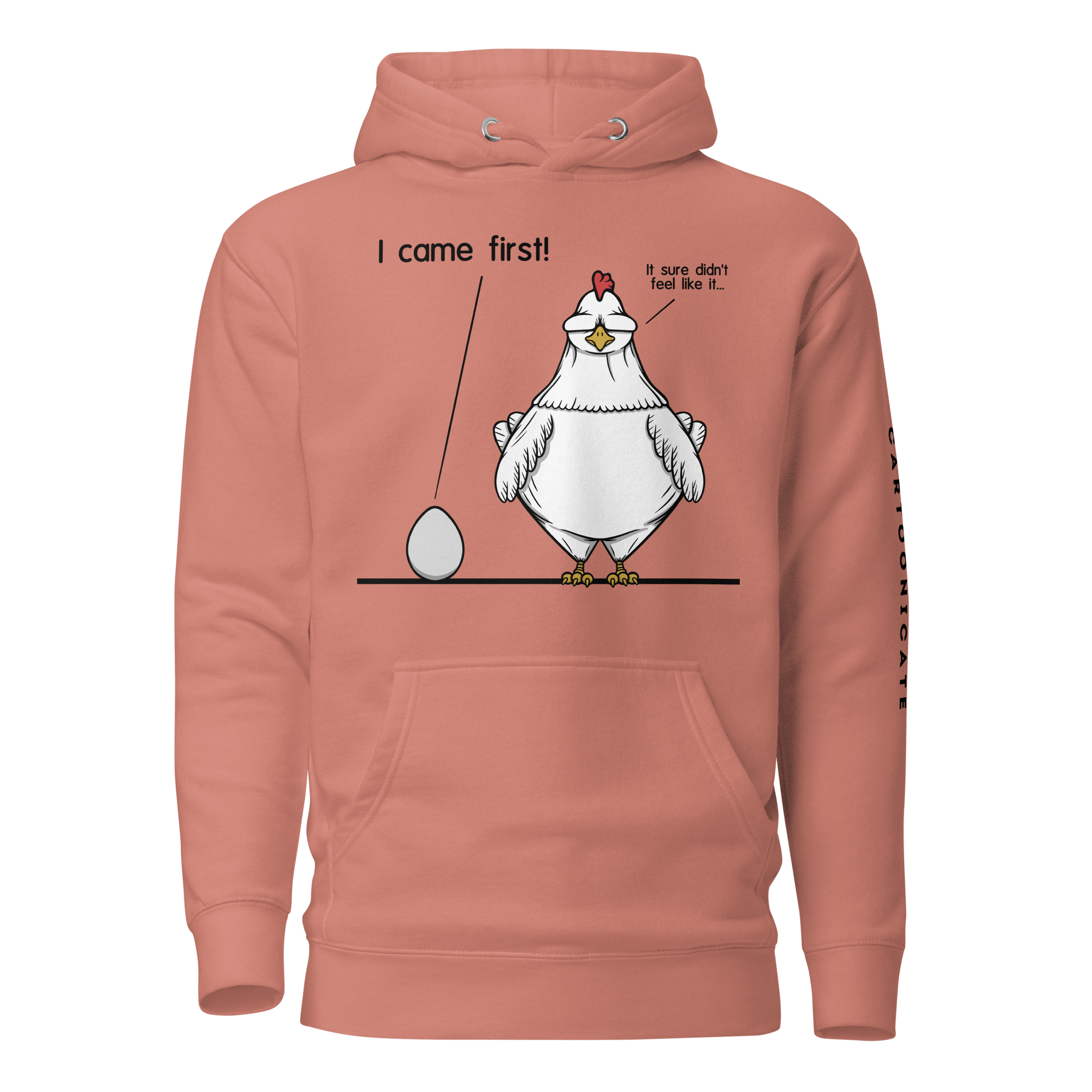 funny cartoon chicken and egg on pink hoodie