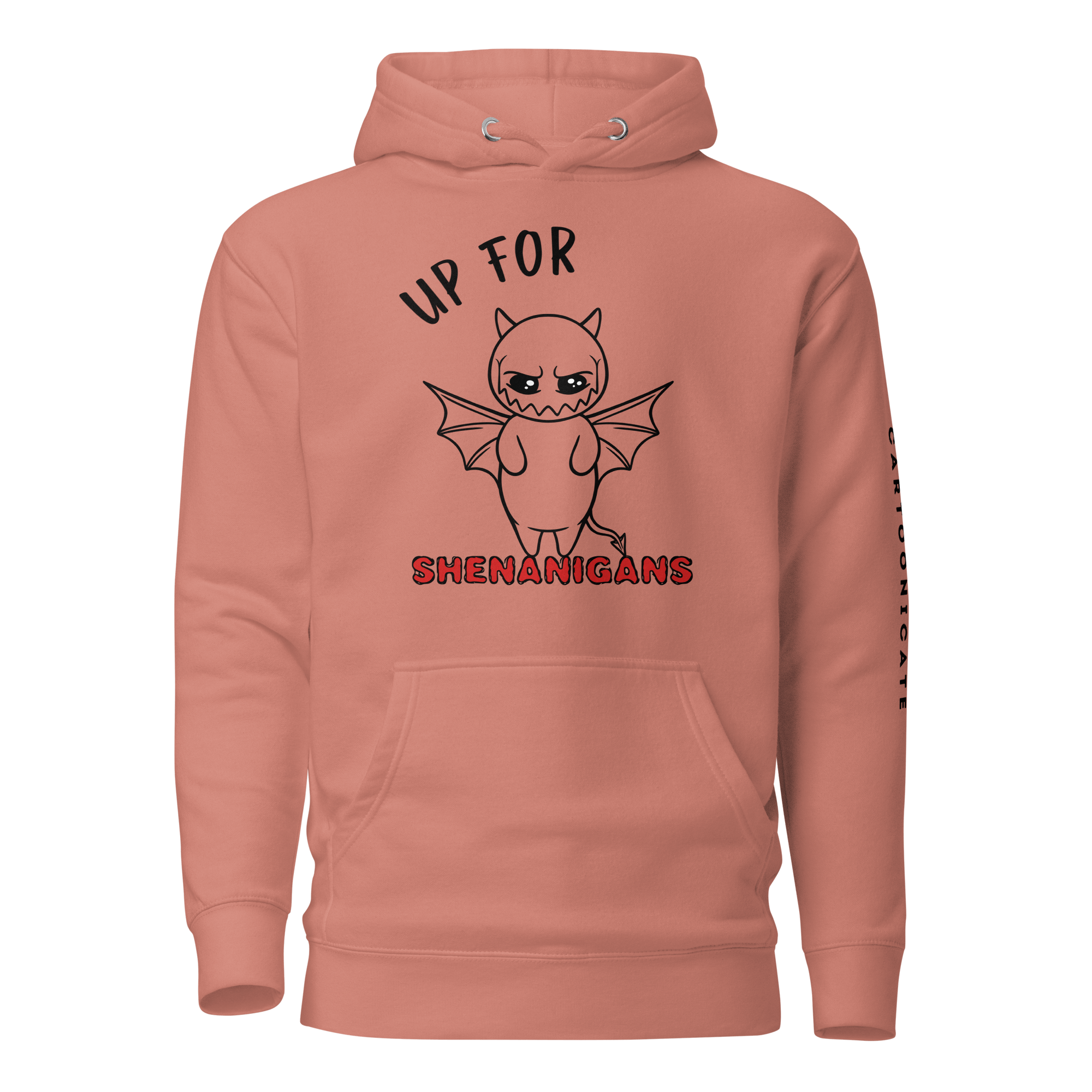 pink hoodie with cool devil drawing in cartoon style