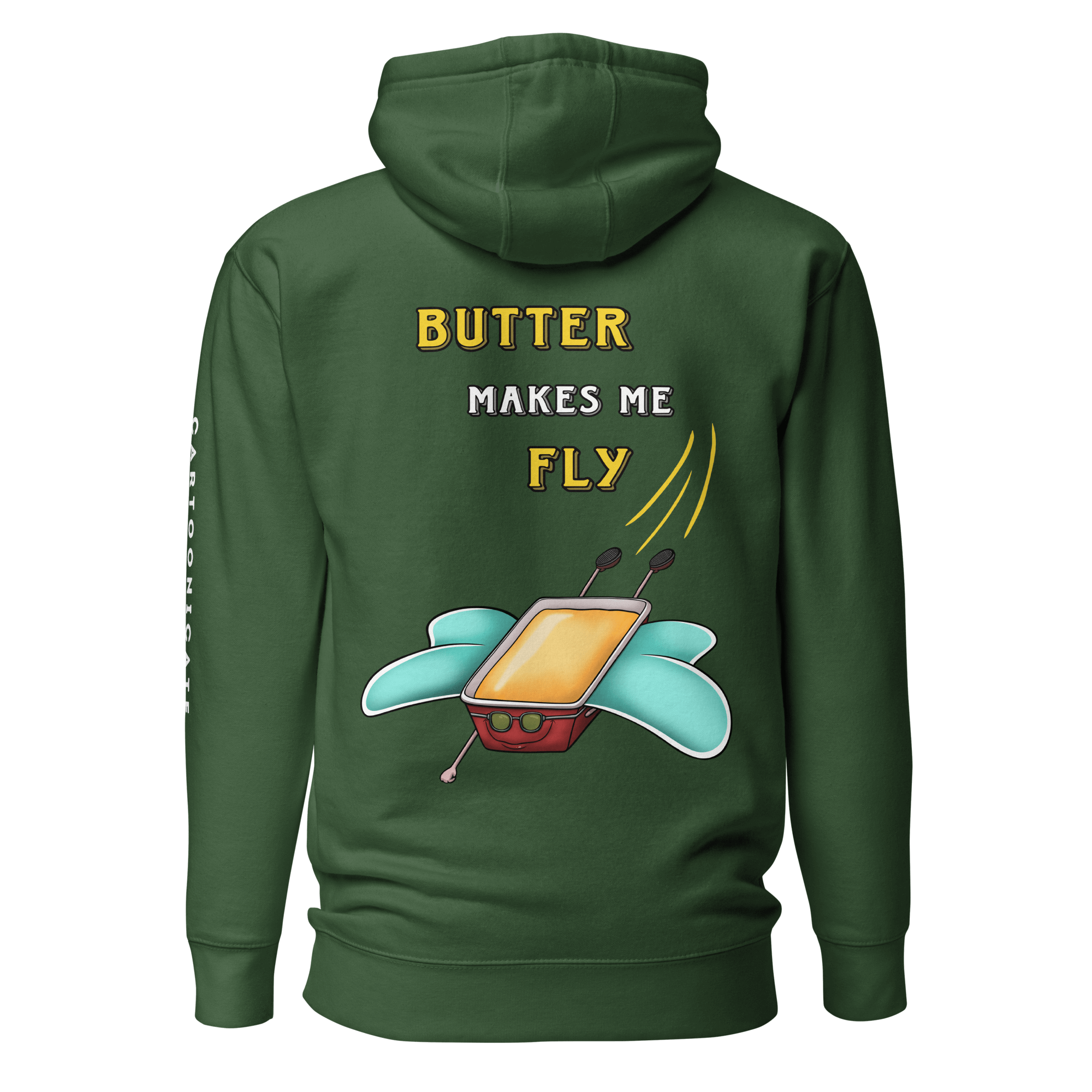 green hoodie with funny cartoon drawing of butterfly