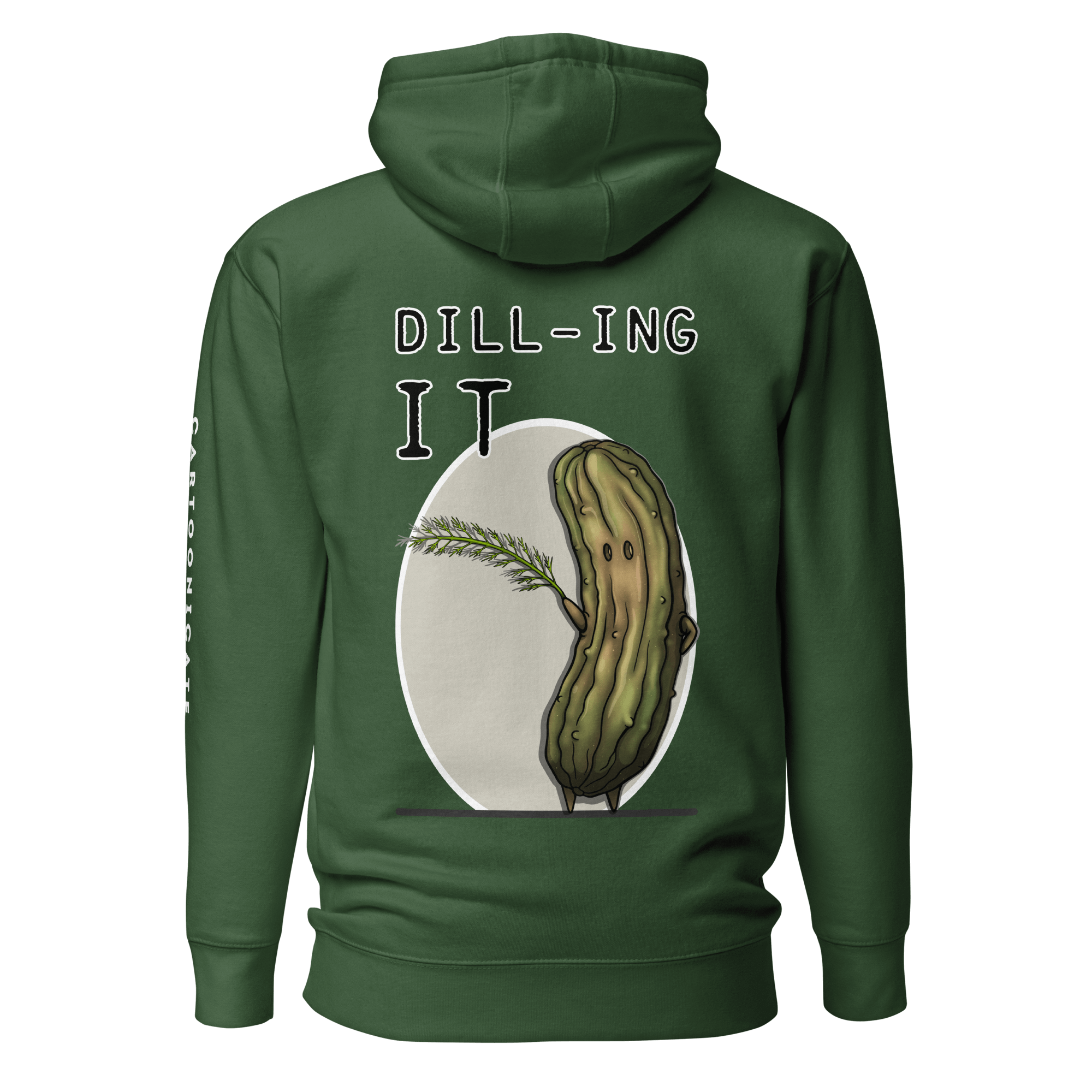 green hoodie with funny pickle dilling it drawing