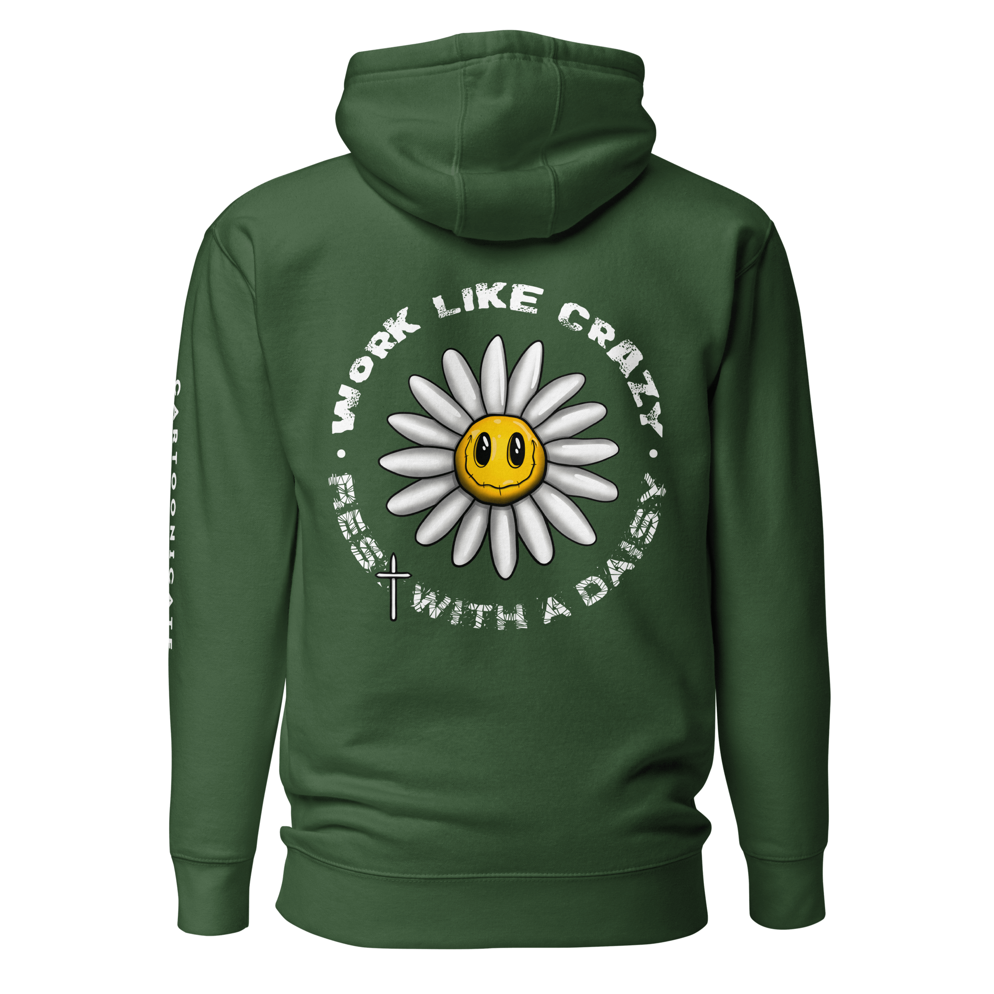 funny cartoon daisy drawing on green hoodie