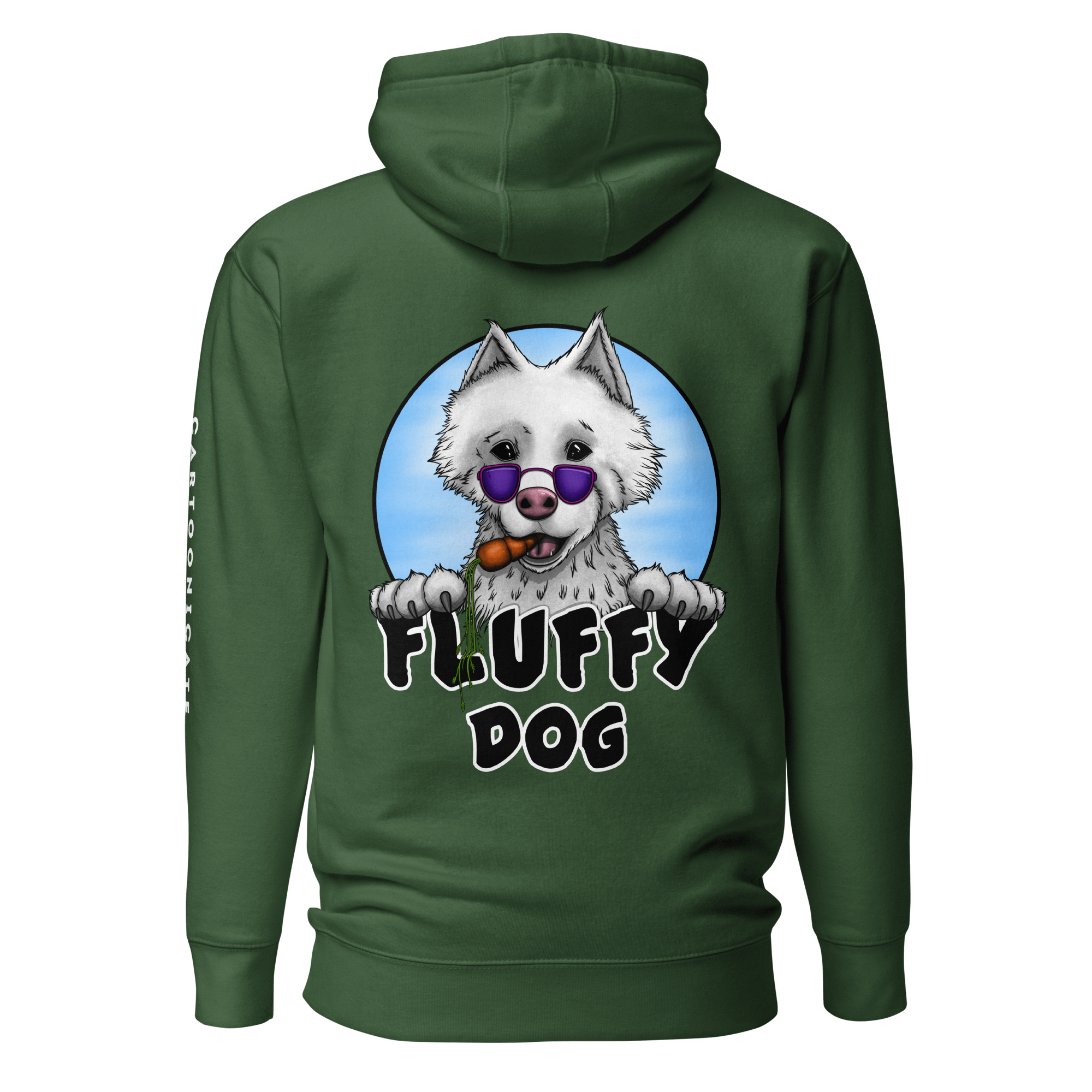 cute samoyed dog with sunglasses on green hoodie