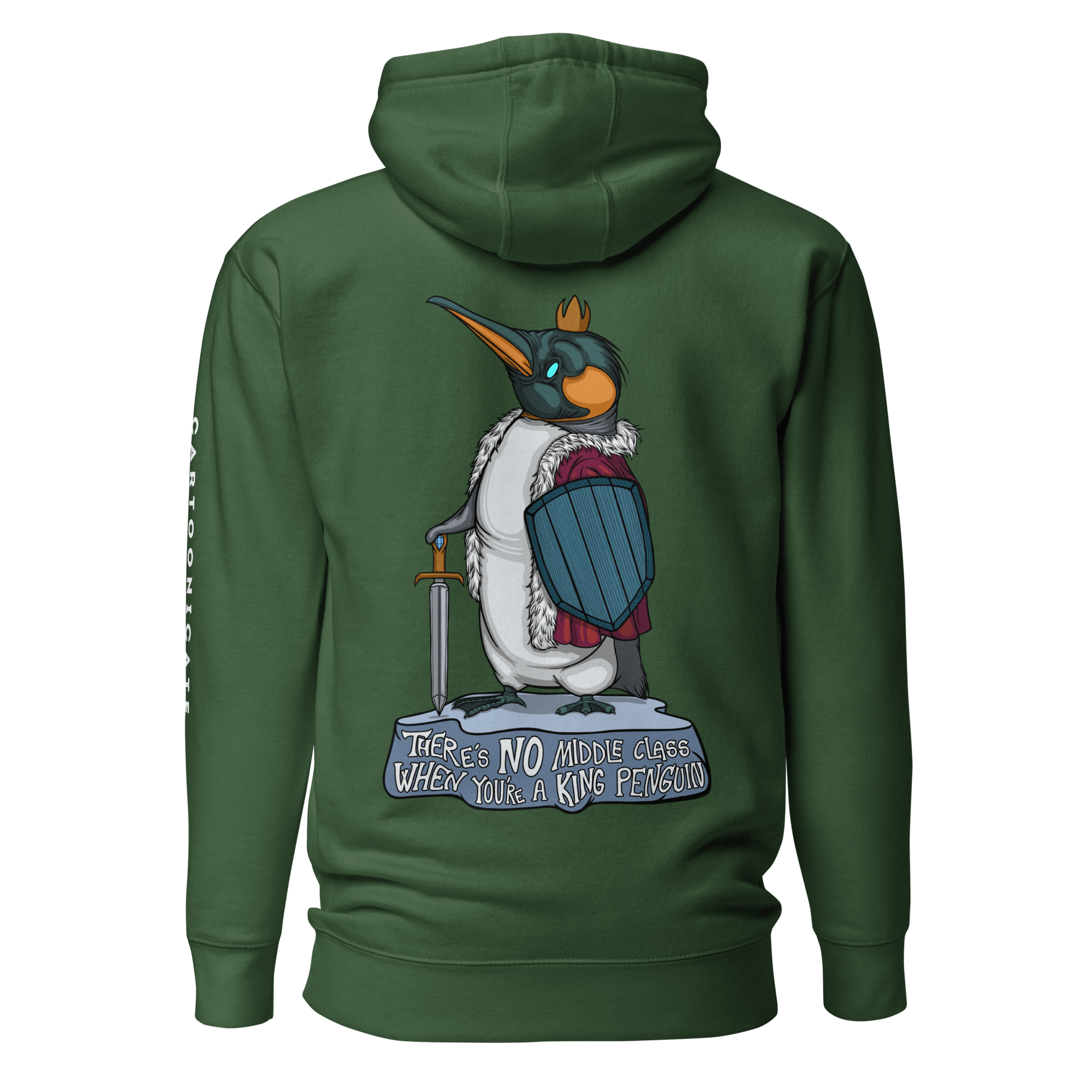 cool cartoon king penguin with a crown on green hoodie