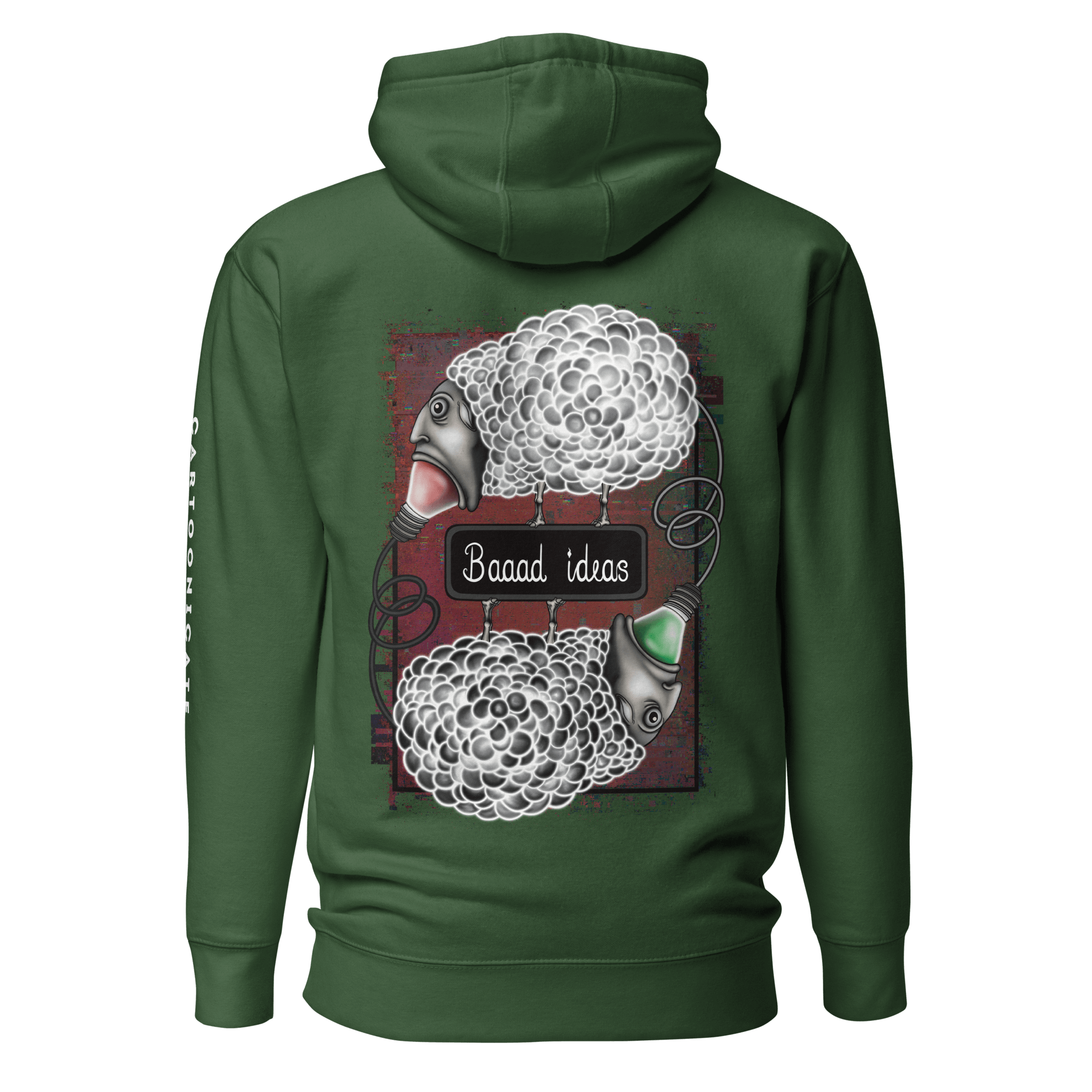 cartoon sheep with bad ideas on green hoodie