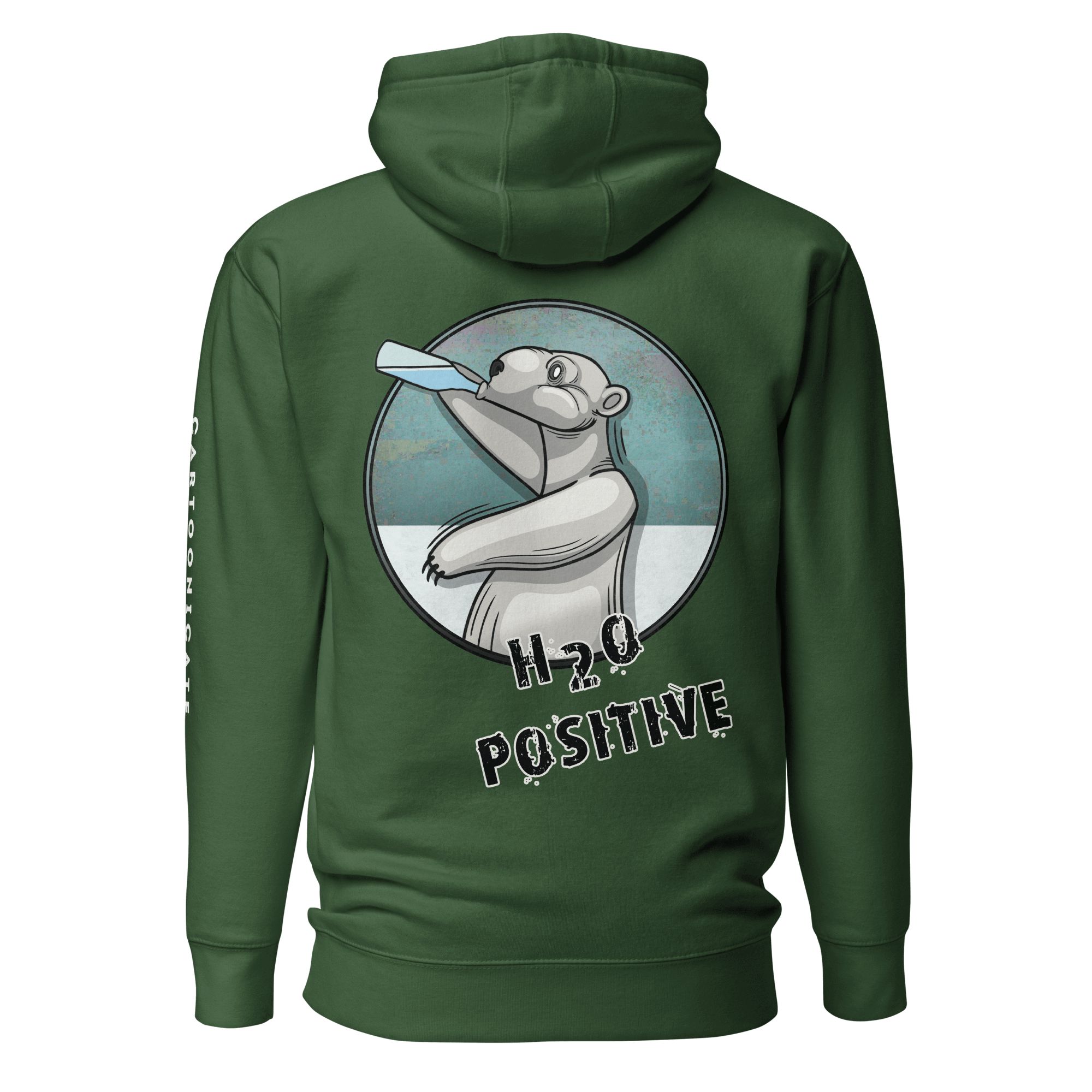 Green hoodie with a polar bear drinking from a water bottle