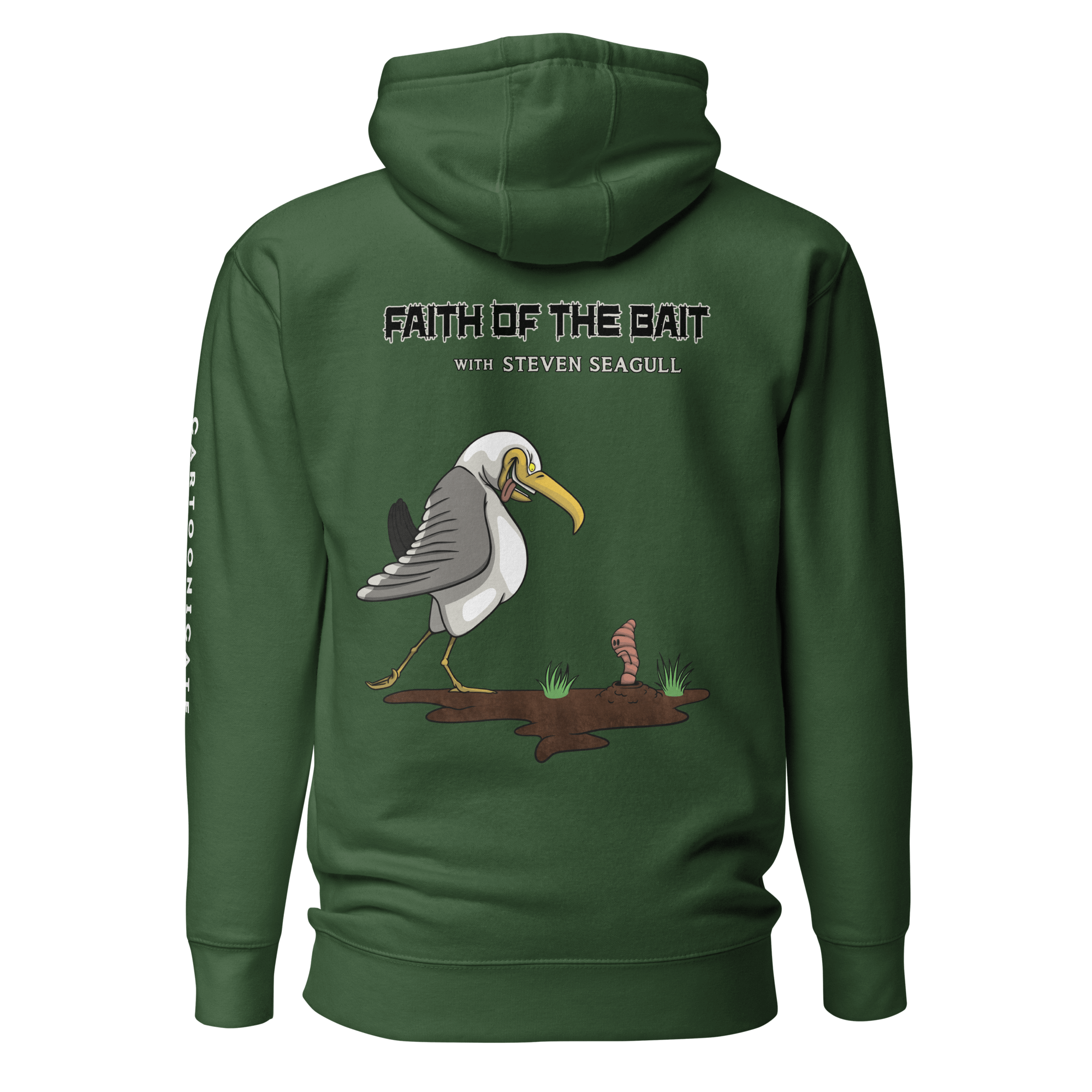 green hoodie with a funny bird and a maggot