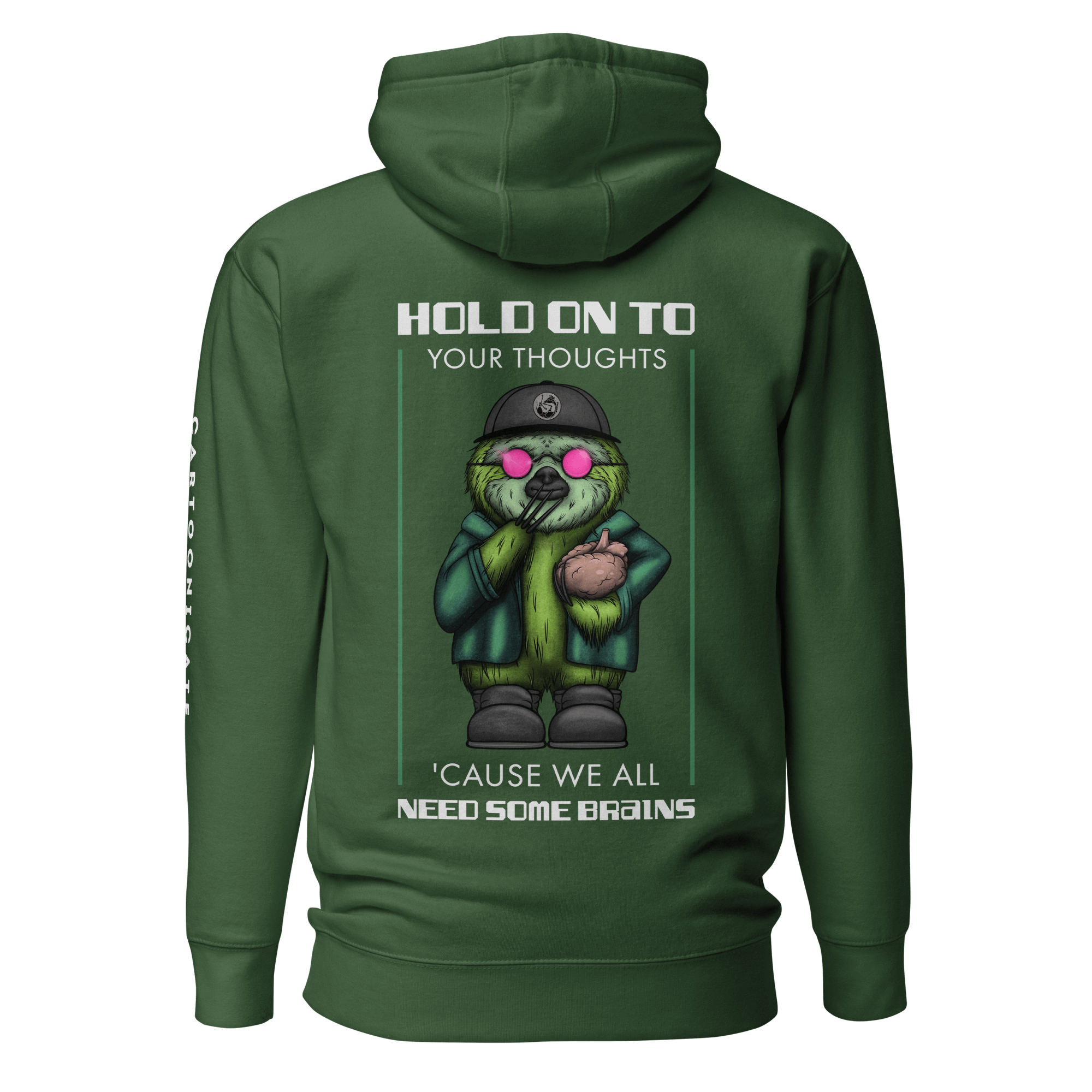 cool cartoon sloth holding a brain on green hoodie