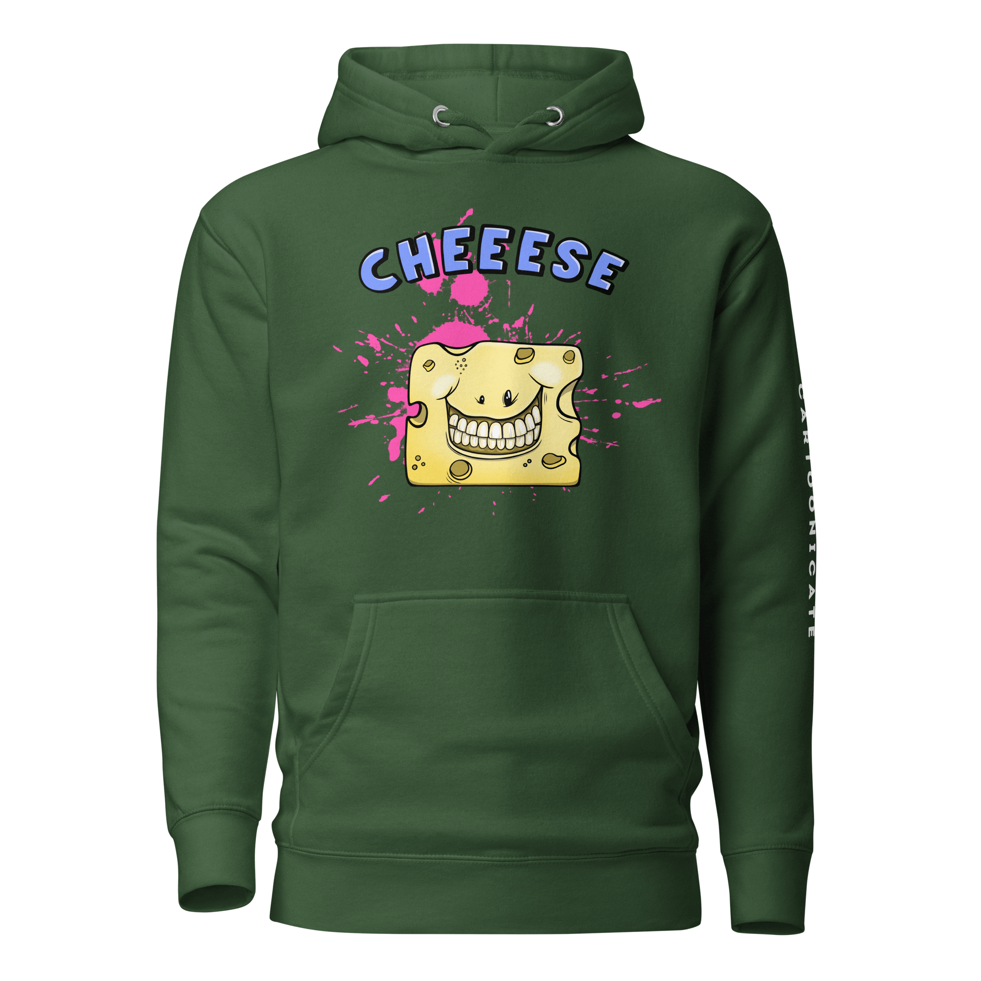 Happy smiling cartoon cheese on green hoodie