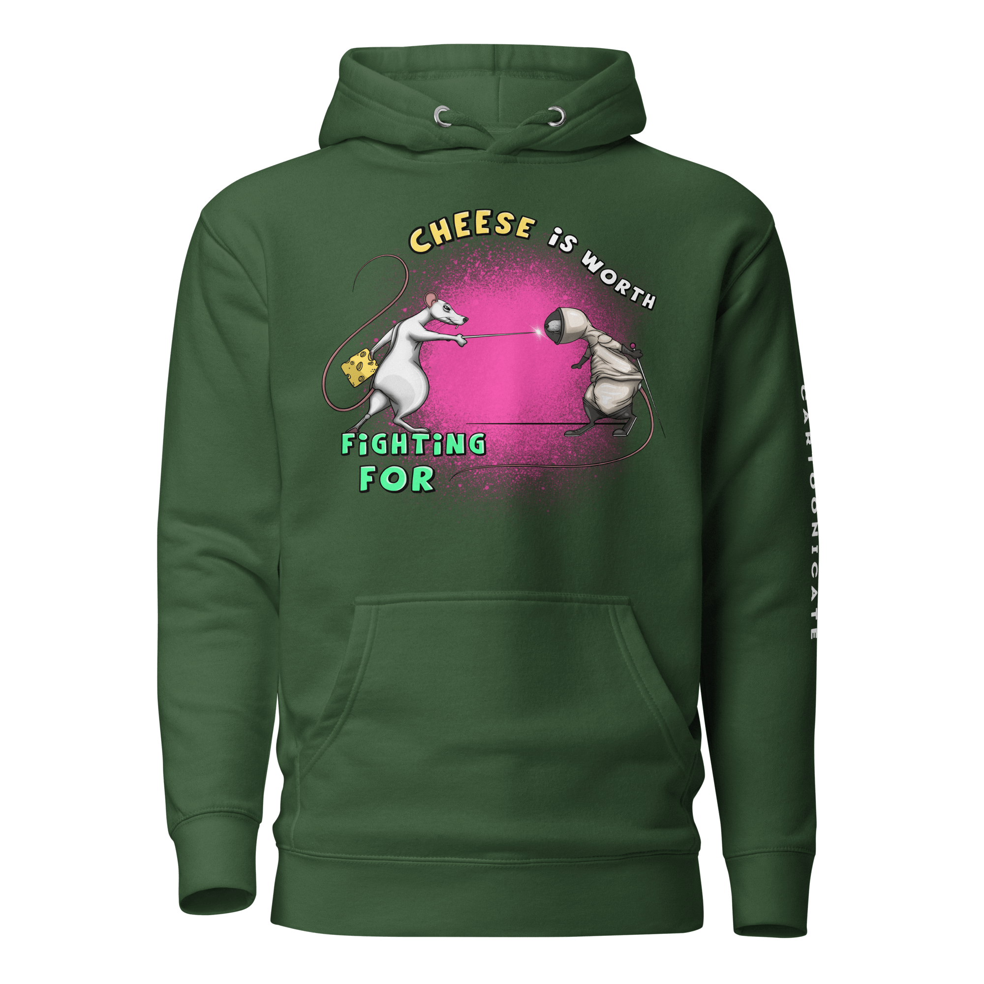 green hoodie with funny rat and cheese fencing match