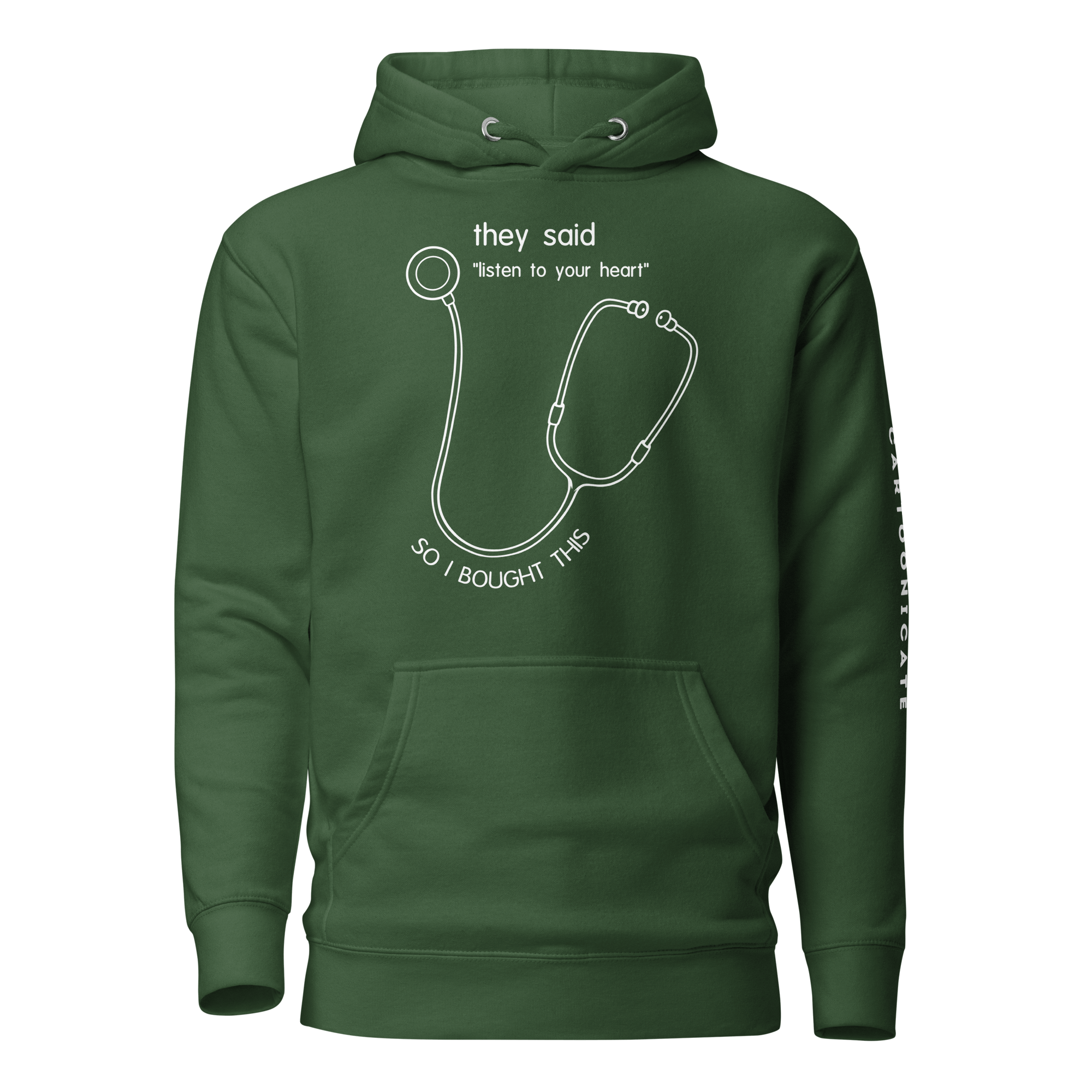 funny stethoscope drawing in cartoon style on green hoodie