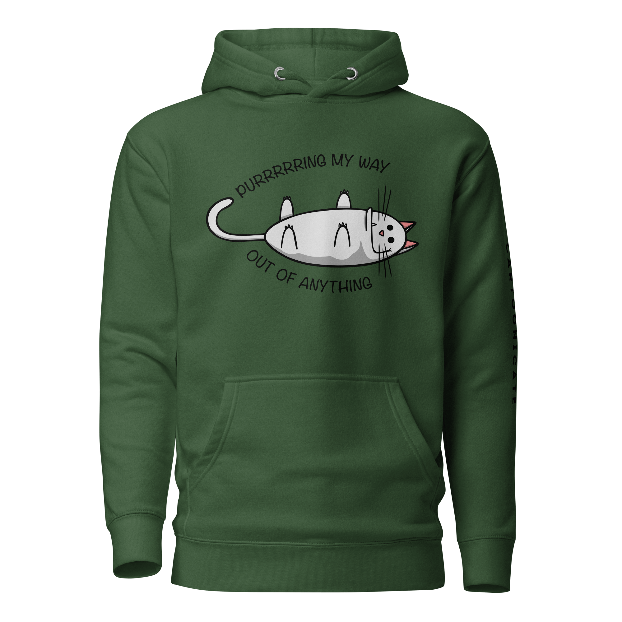 green hoodie with cool cat drawing