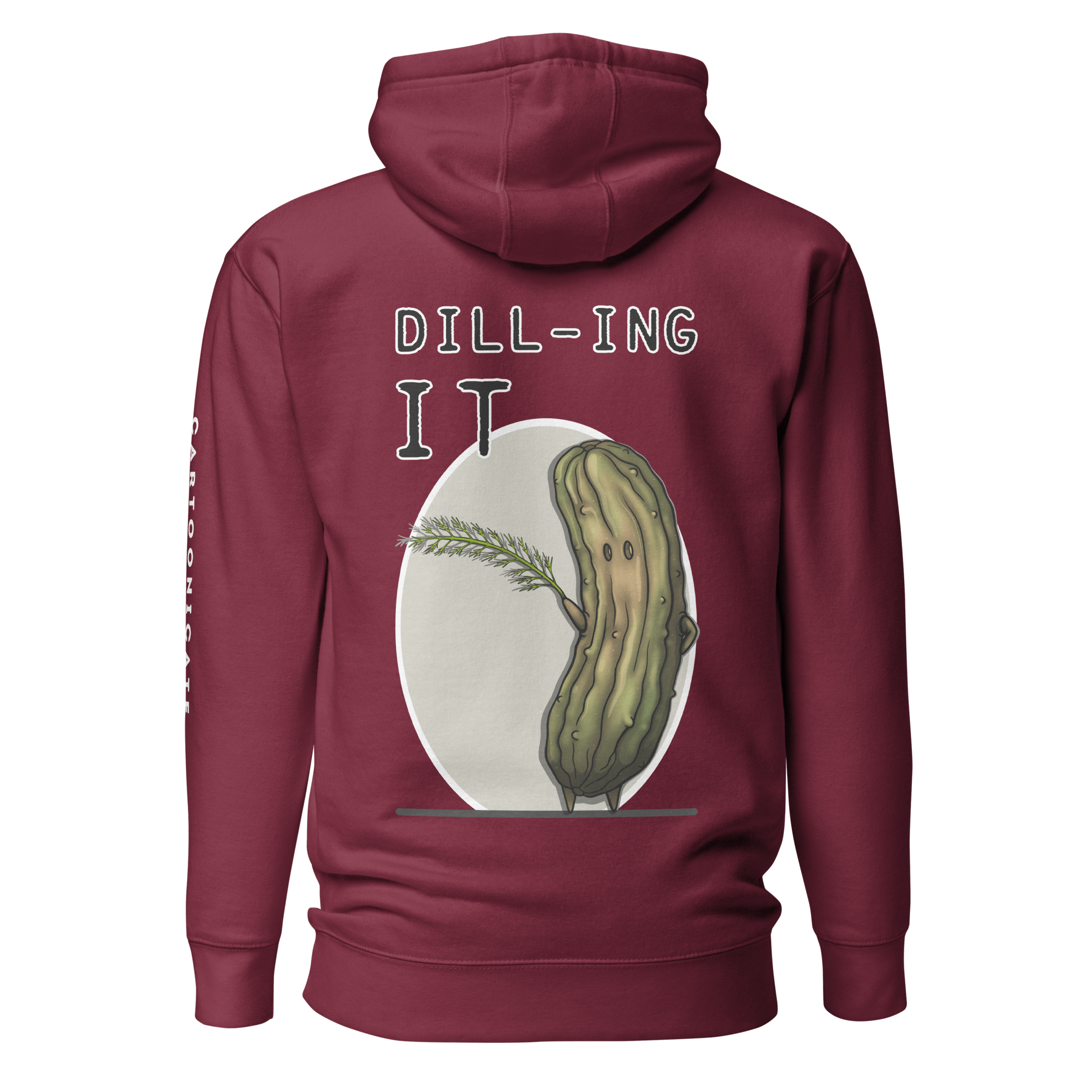 cartoon pickle and dill drawing on maroon hoodie