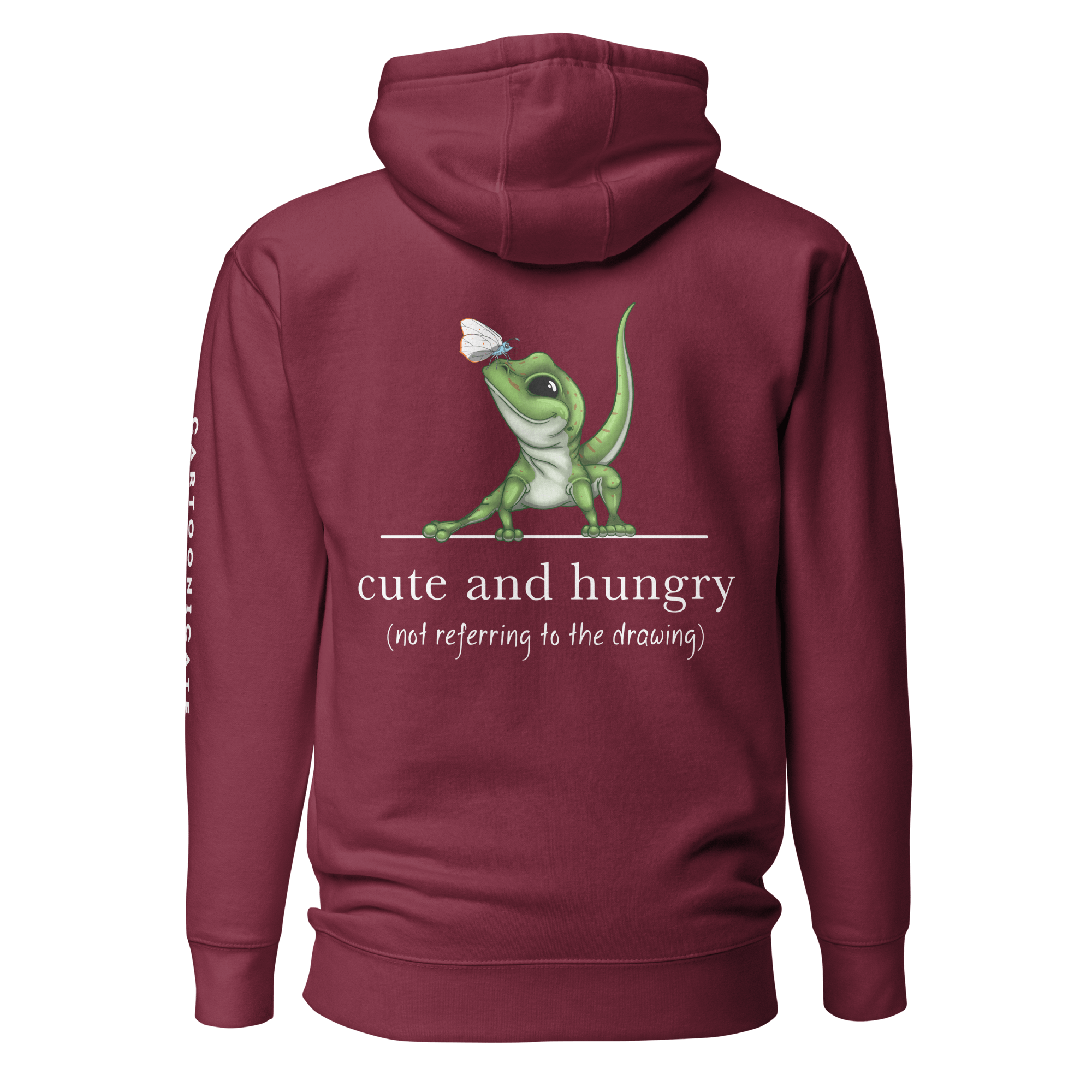 maroon hoodie with cartoon gecko lizard and butterfly