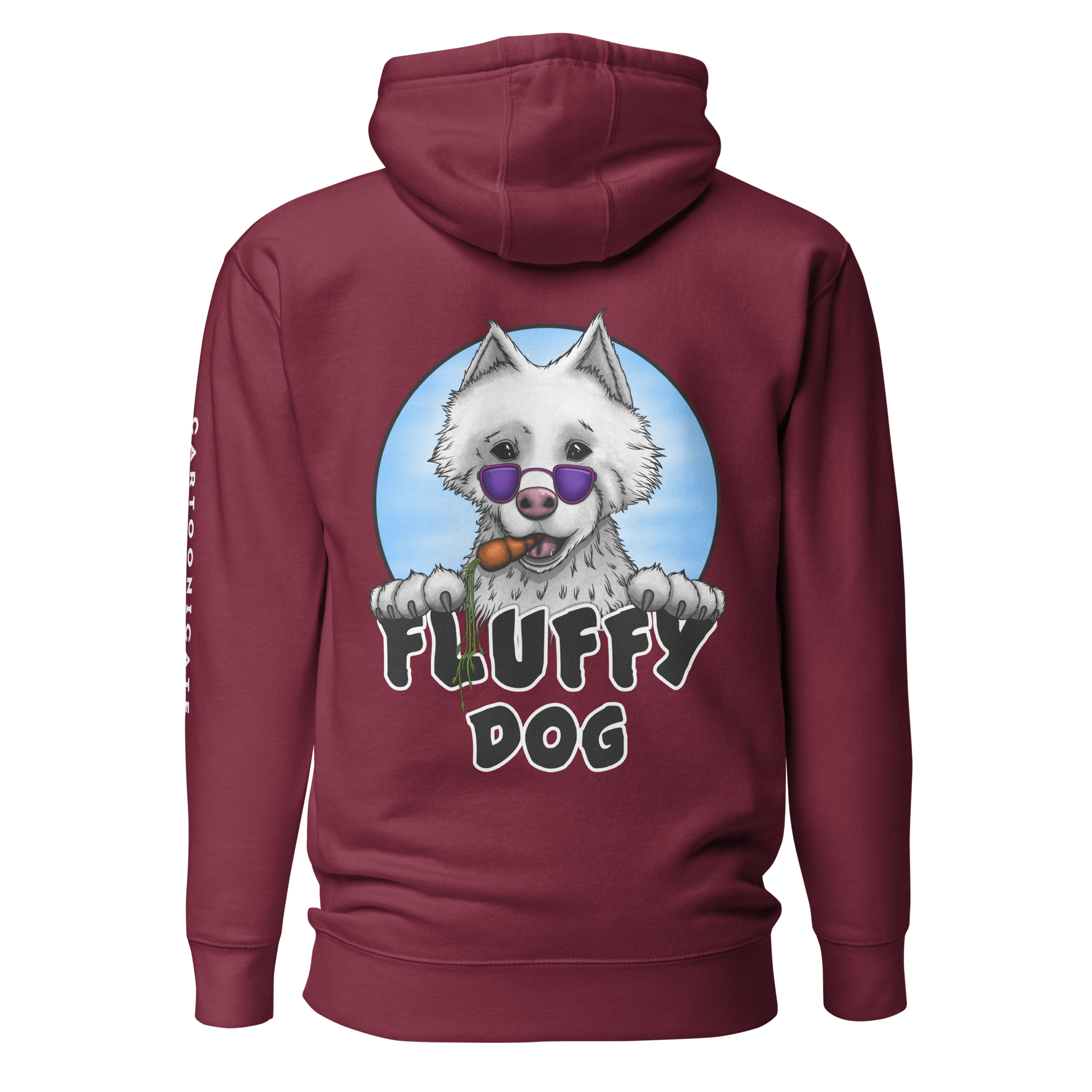 maroon hoodie with purple sunglasses on a white fluffy dog