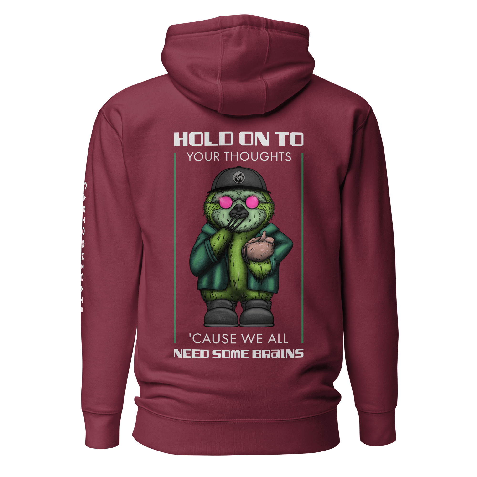 cool cartoon sloth holding a brain on maroon hoodie